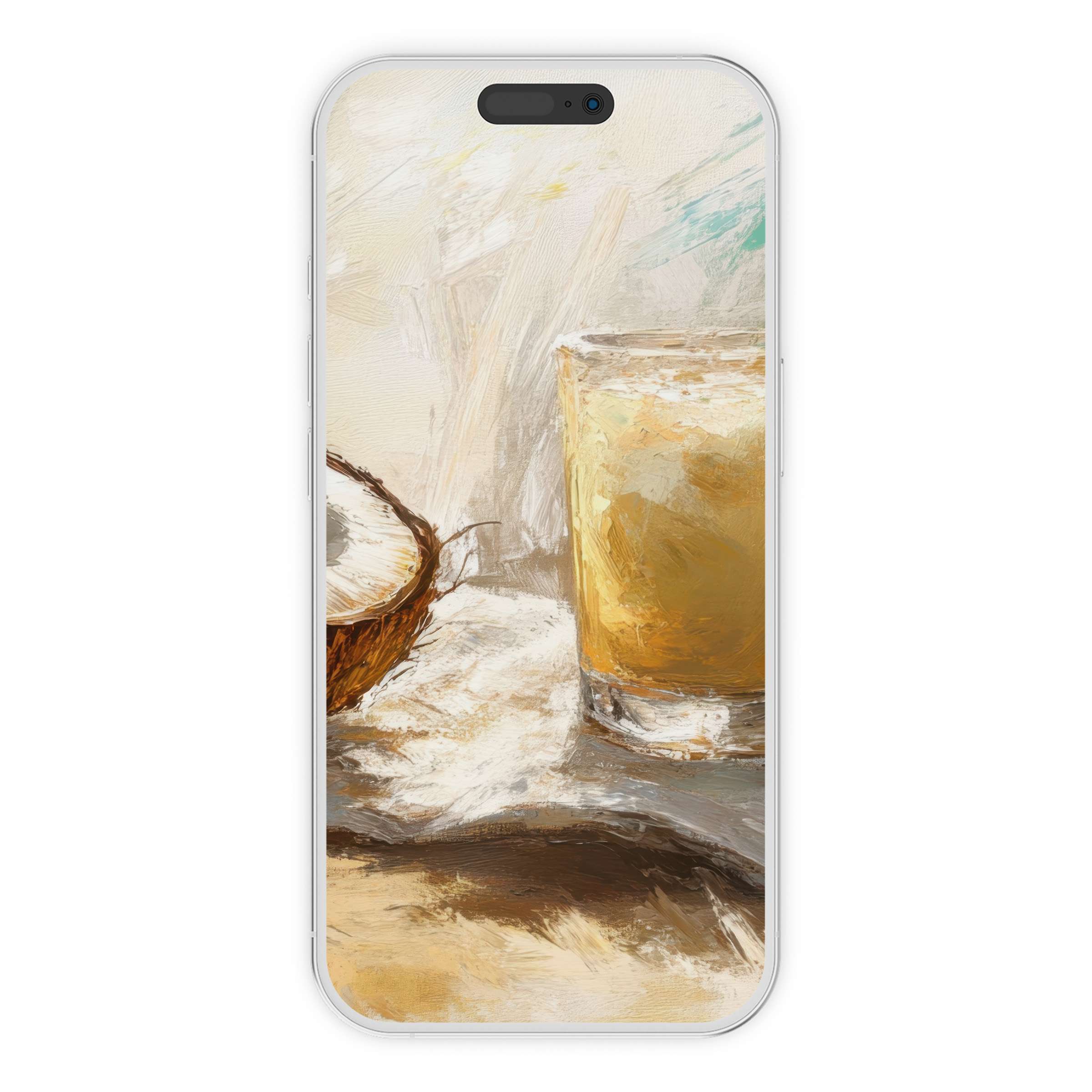 Elegant beach iPhone wallpaper with artistic coconut drink, perfect digital download background for phone ambiance and tranquility