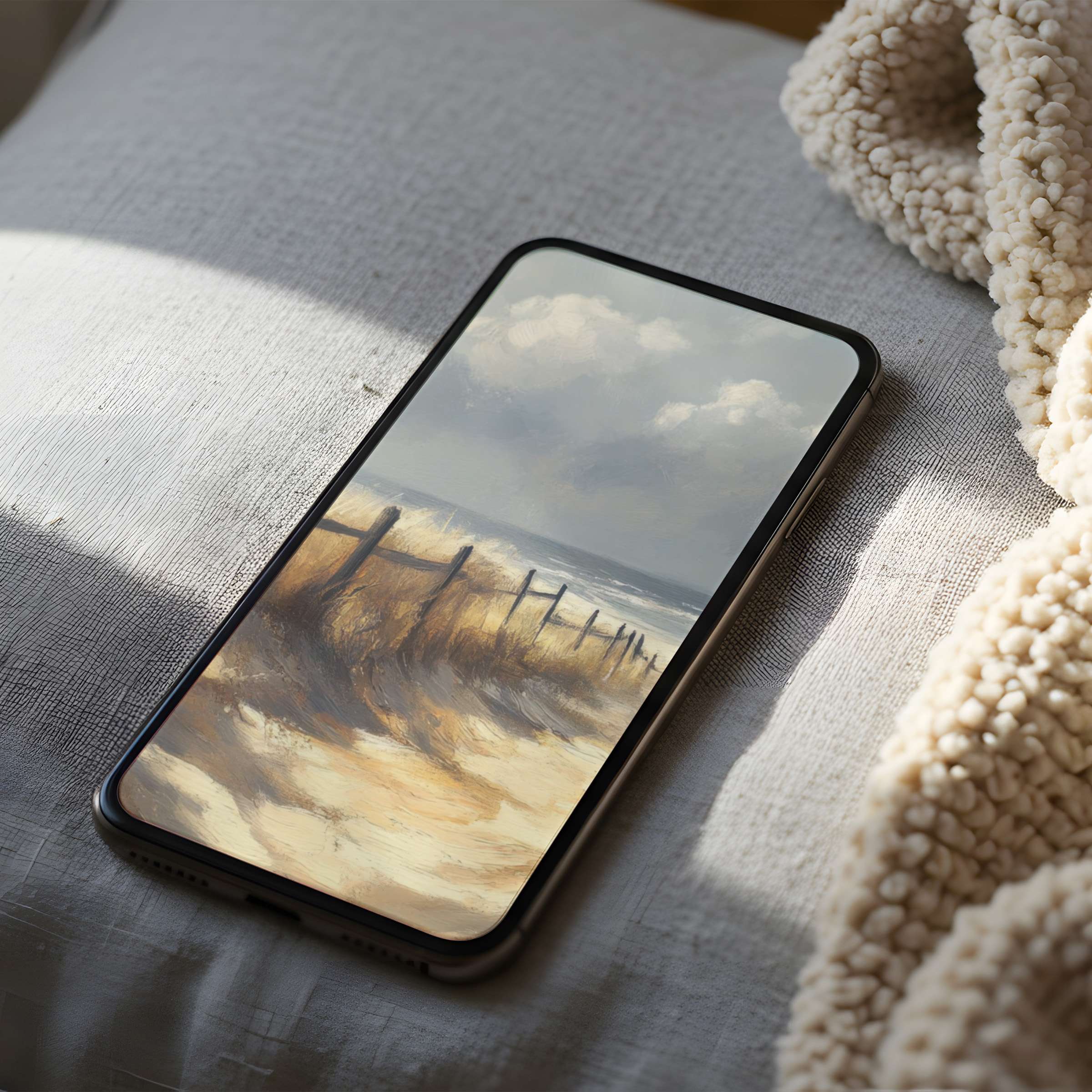 Calming coastal scene phone wallpaper in high resolution, perfect for iPhone and Android, enhancing aesthetic sustainability and serenity