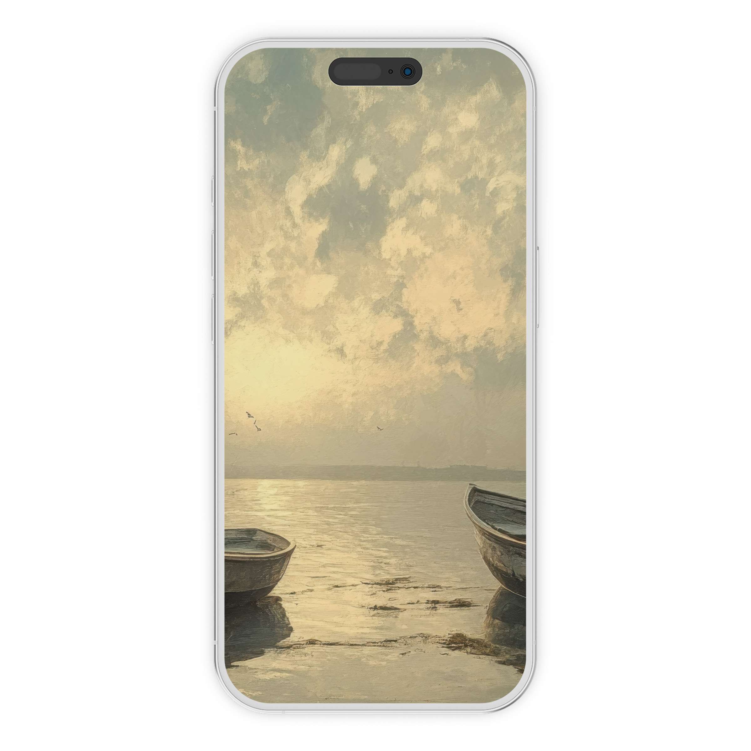 Tranquil beach iPhone wallpaper digital download with elegant pastel hues two boats serene phone background ideal for any device
