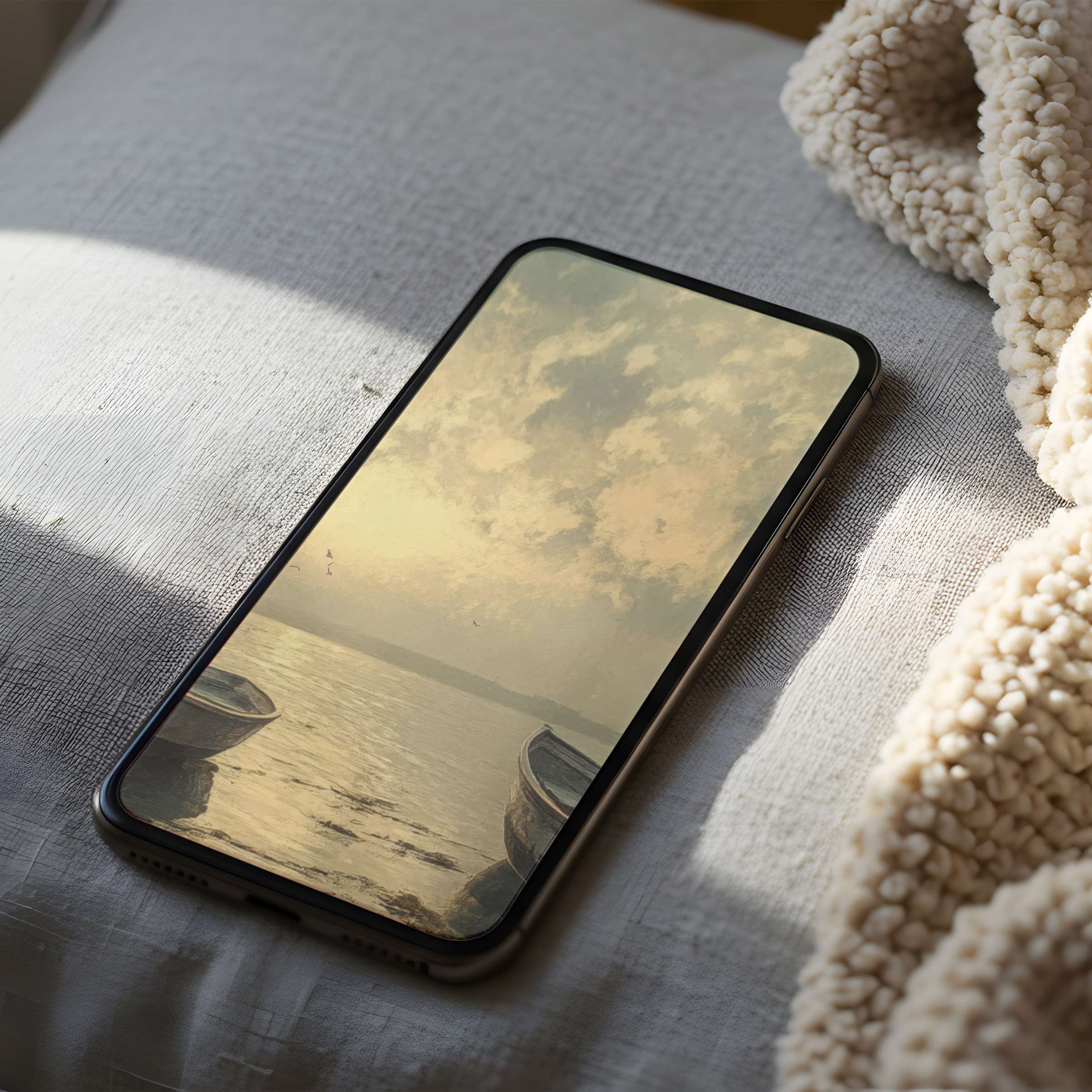 Elegant phone wallpaper featuring serene boats on a golden sunset lake in high resolution perfect for iPhone and Android phones