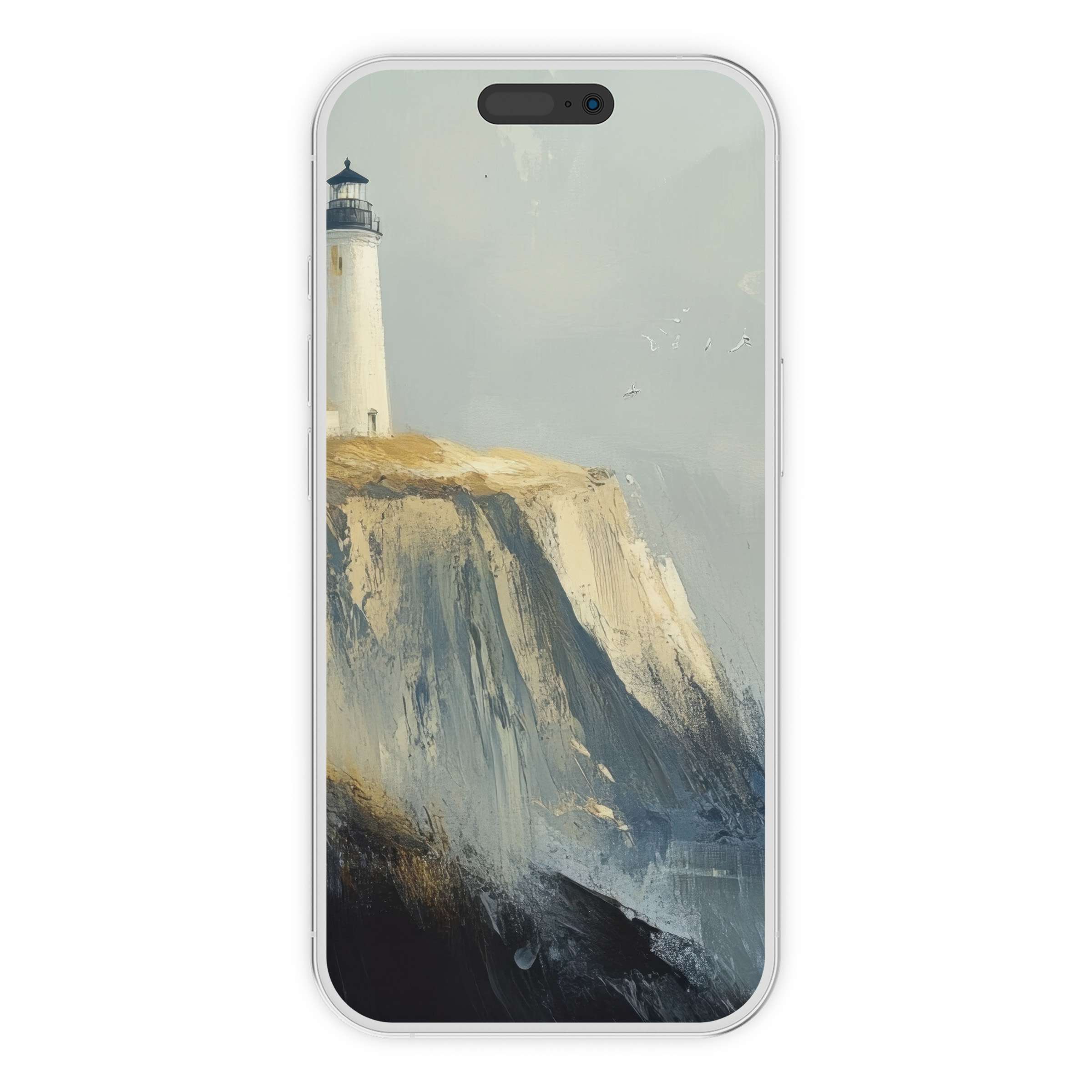 Serene lighthouse beach iPhone wallpaper digital download offers a calming phone background with soft hues perfect for any device