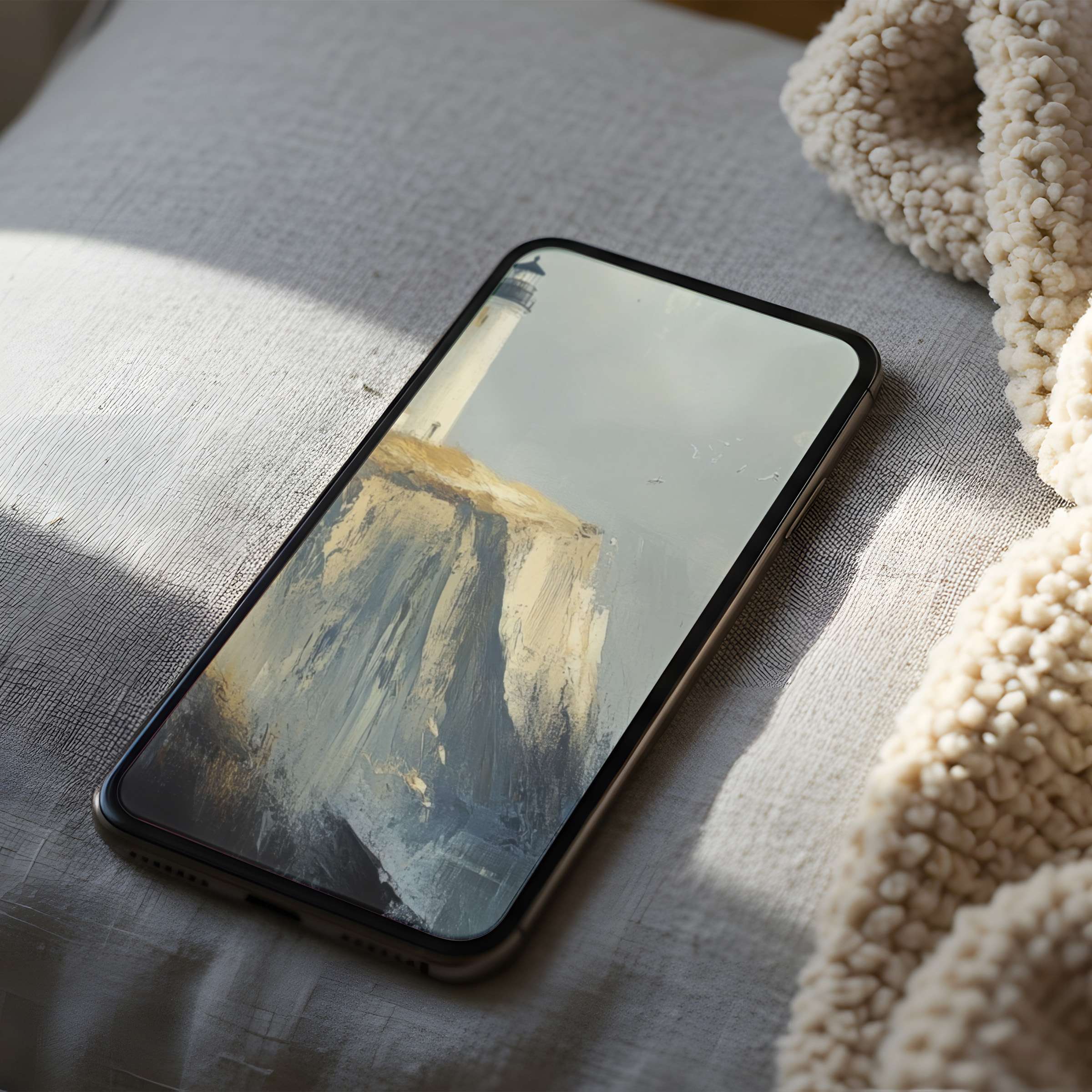 Elegant phone wallpaper featuring a serene lighthouse on a misty cliff, perfect for iPhone and Android, offers calm and aesthetic digital download