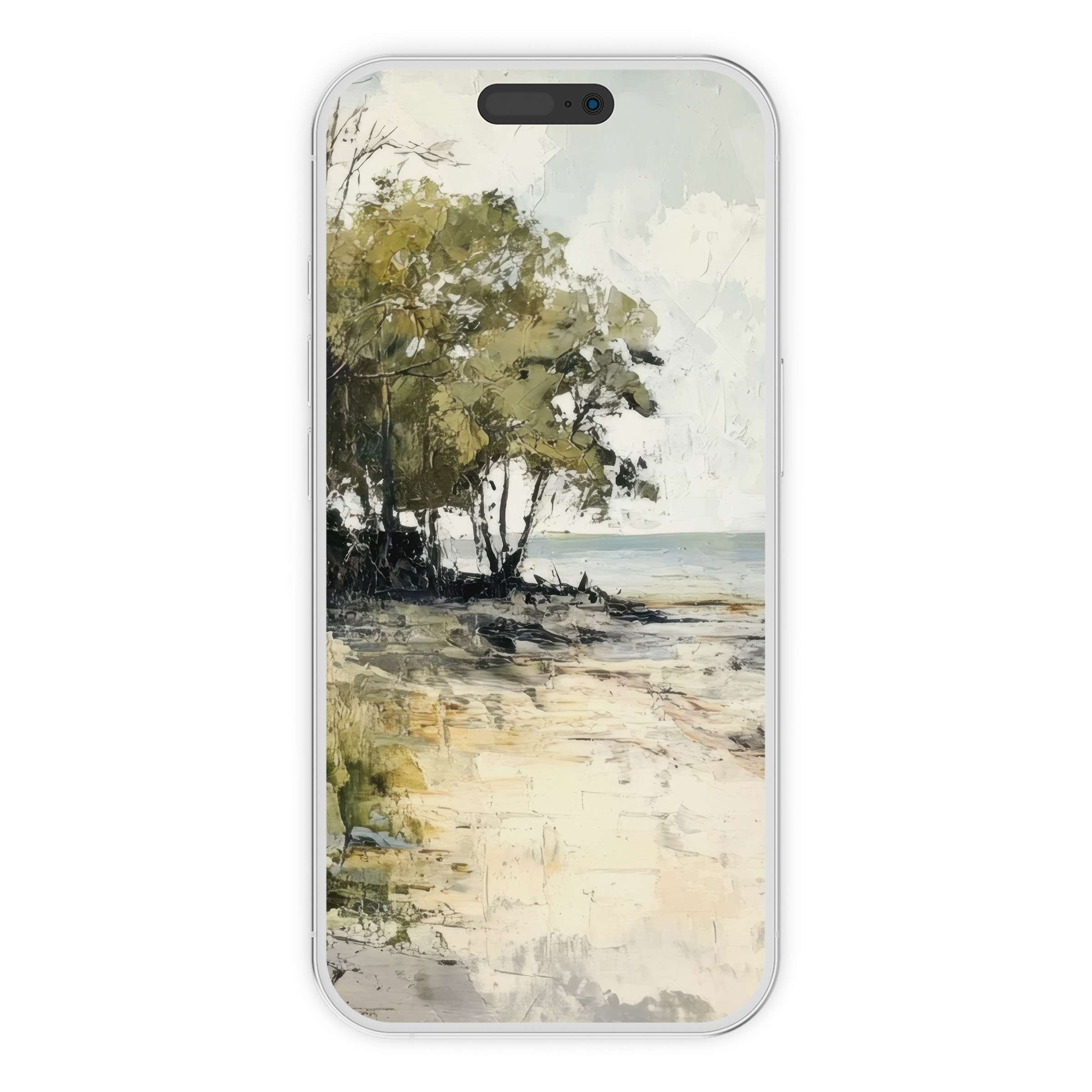 Calming beach iPhone wallpaper showcasing serene sandy shore and lush greenery artistic style phone background digital download