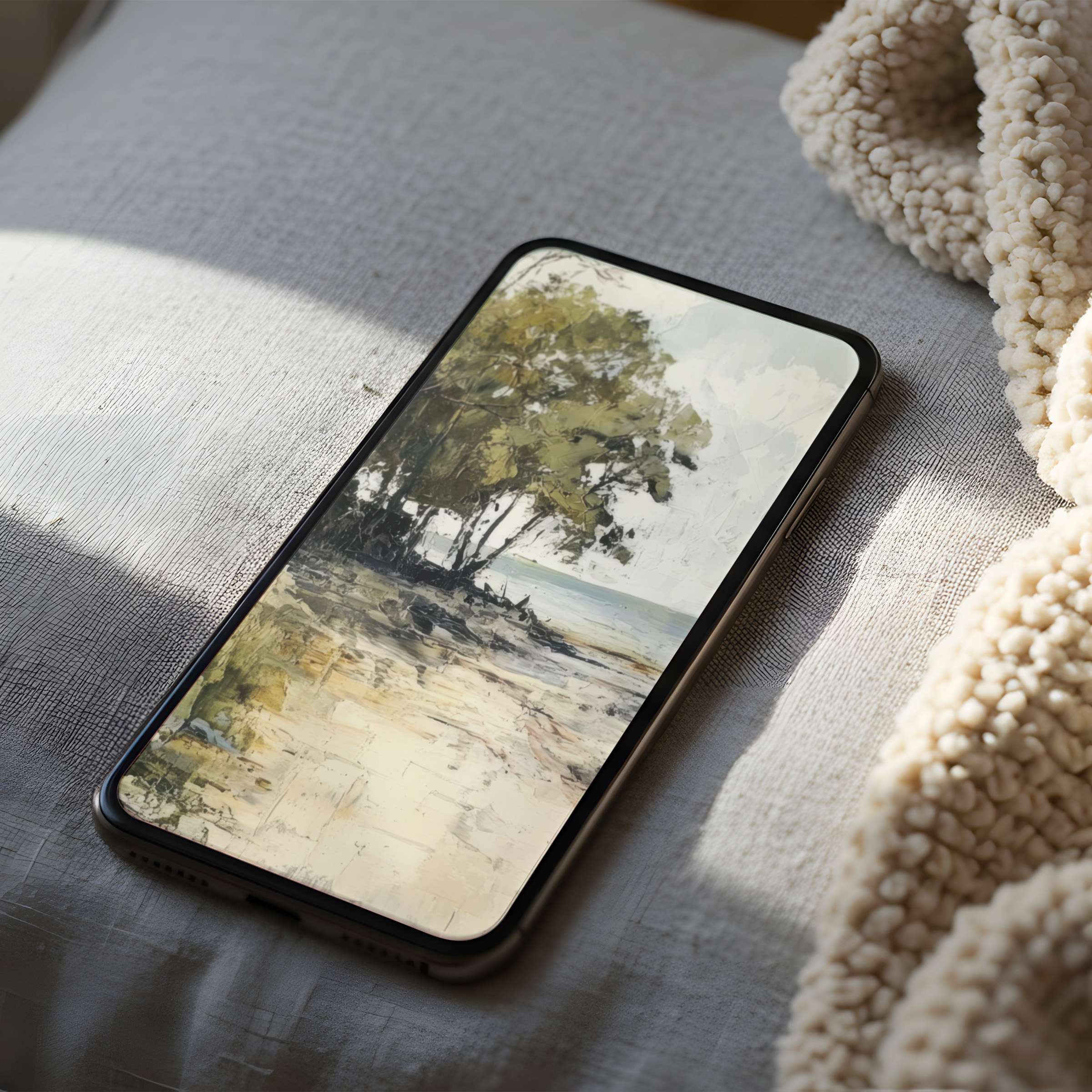 Tranquil phone wallpaper featuring serene beach scene with trees and sea in high resolution, perfect for iPhone and Android users seeking digital calm