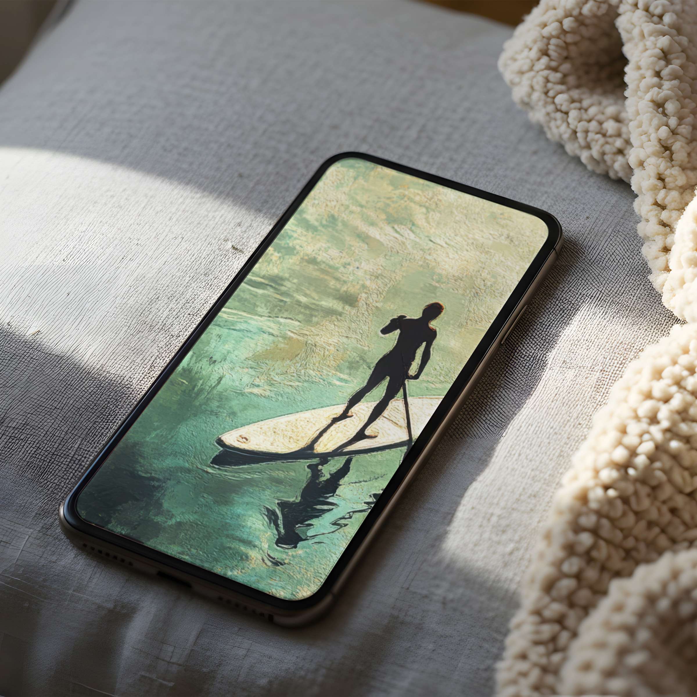 Elegant phone wallpaper featuring a serene paddleboard silhouette on teal waters provides a relaxing digital download for all devices