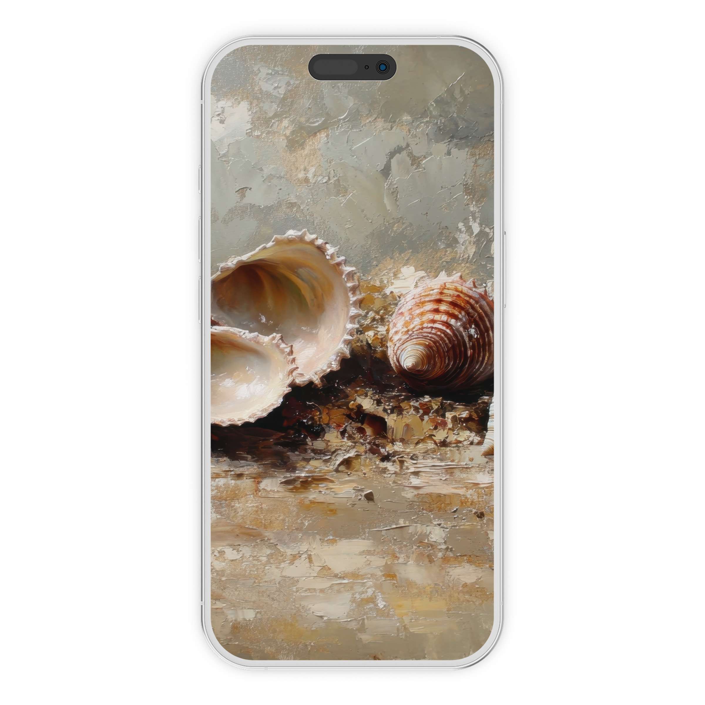 Elegant beach iPhone wallpaper featuring artistic seashells on a textured sandy background perfect for phone digital download serenity