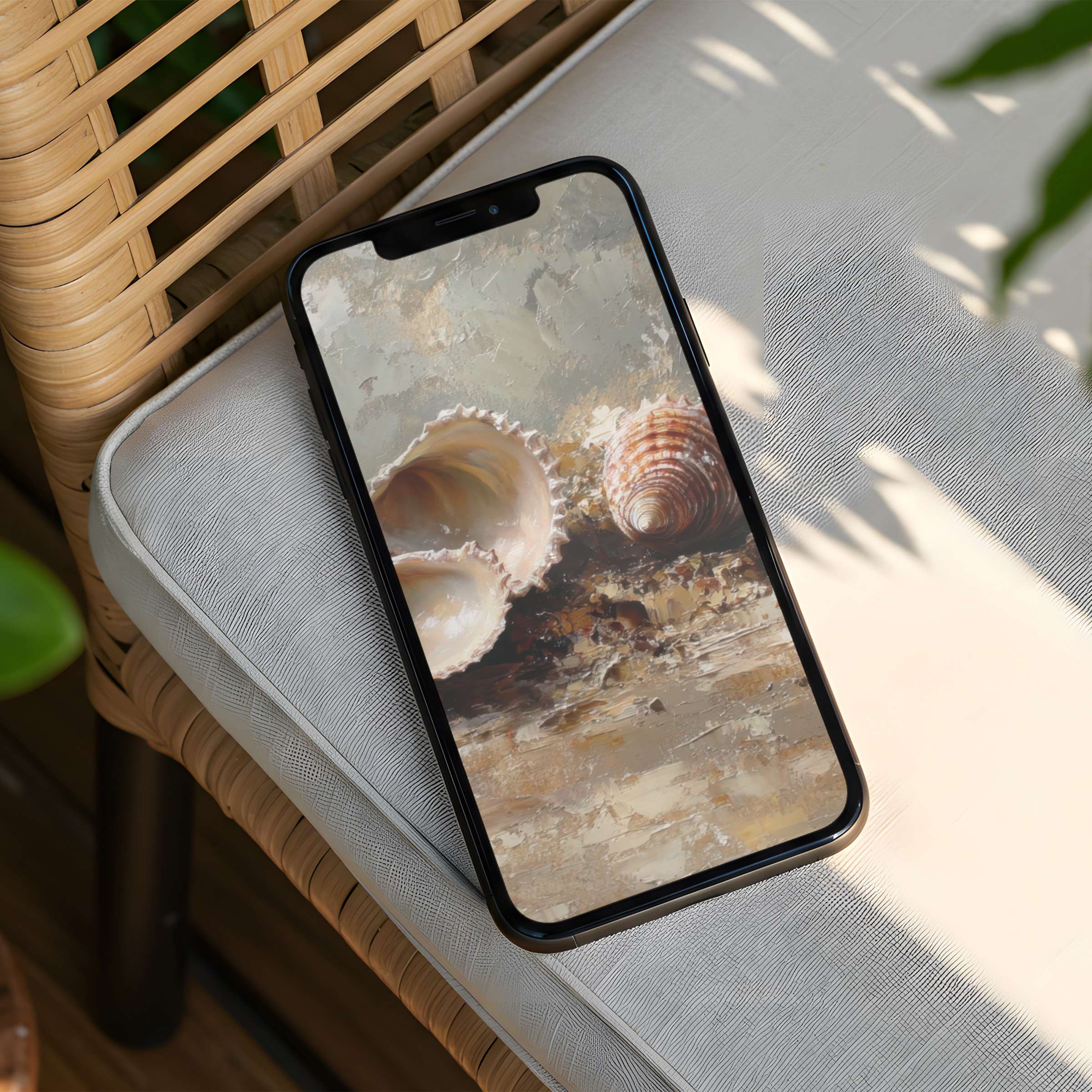 Elegant seashell-themed iPhone background for calm inspiration and mindfulness instant download available for any phone user