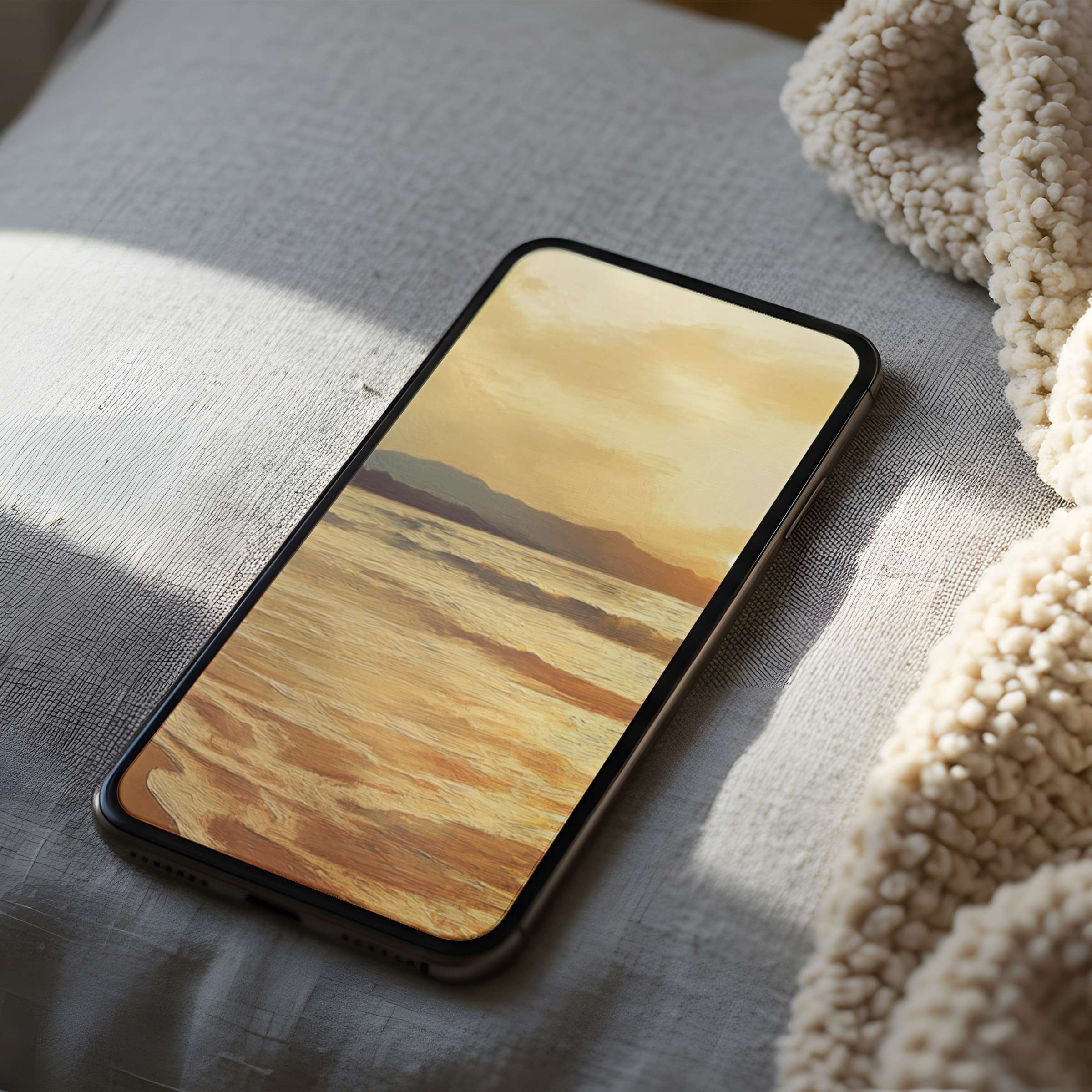 Serene phone wallpaper featuring a calming ocean sunset in warm hues, perfect high-resolution digital download for iPhone and Android