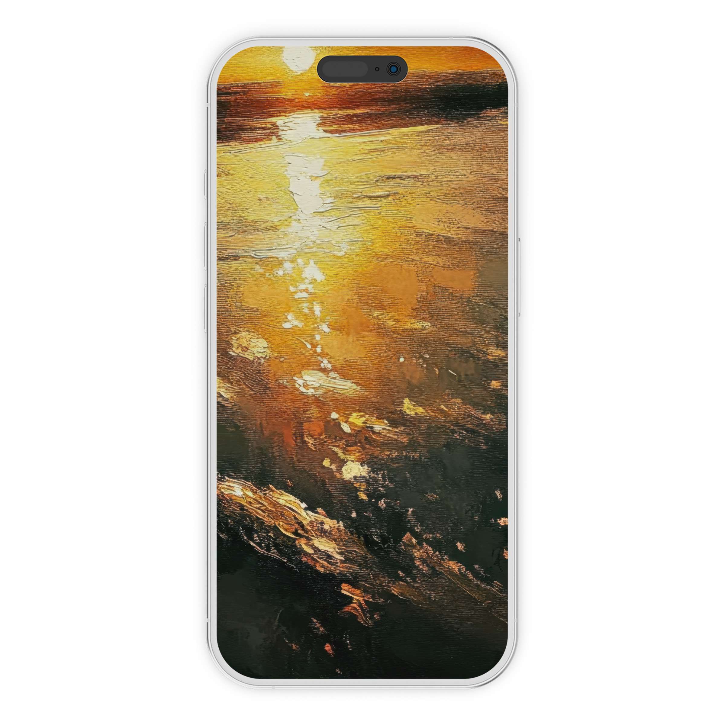 Vibrant sunset brushstrokes on a beach iPhone wallpaper offer a serene phone background for digital download, ideal for calming vibes