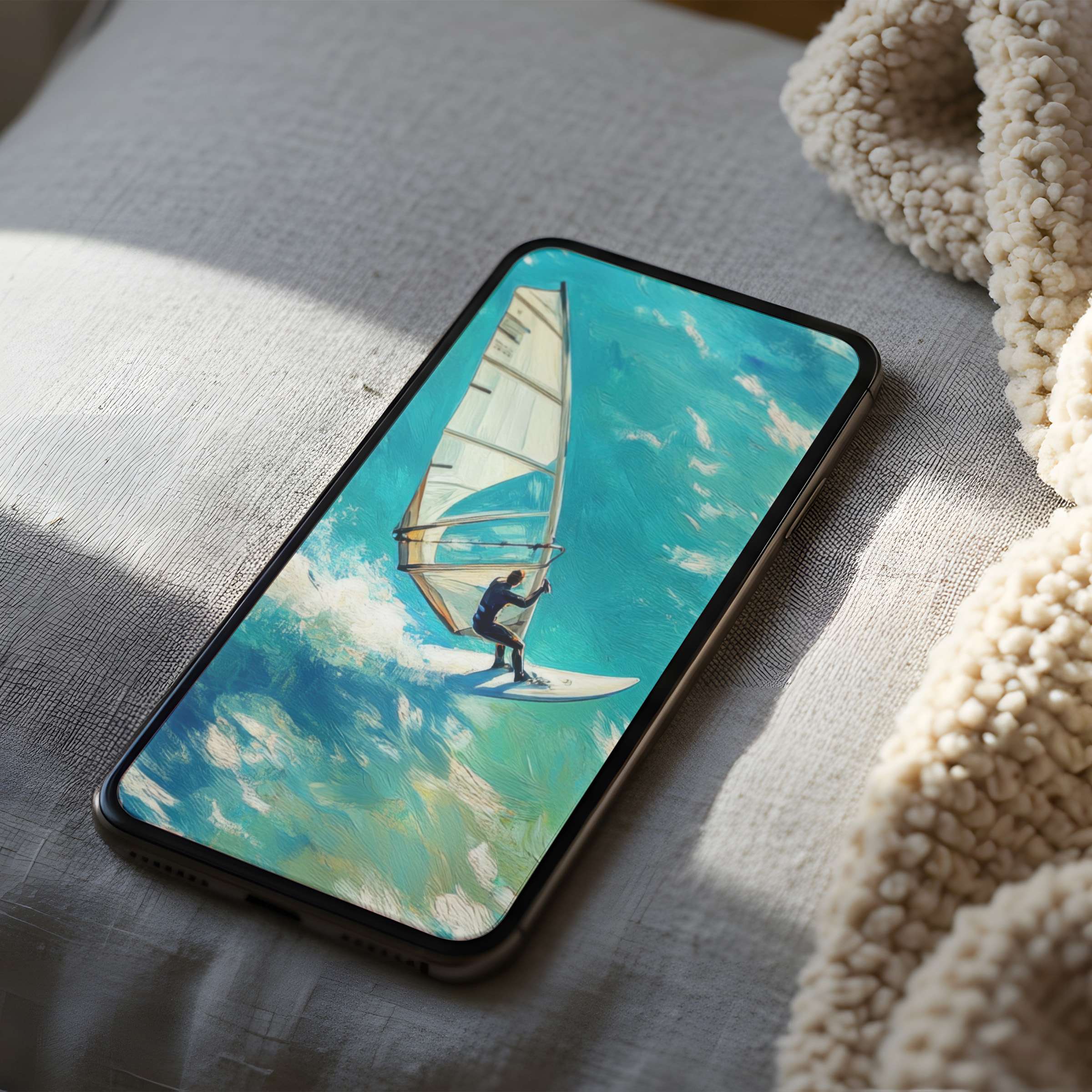 Windsurfer on a vibrant ocean wave captured in high resolution phone wallpaper, perfect for iPhone or Android digital download