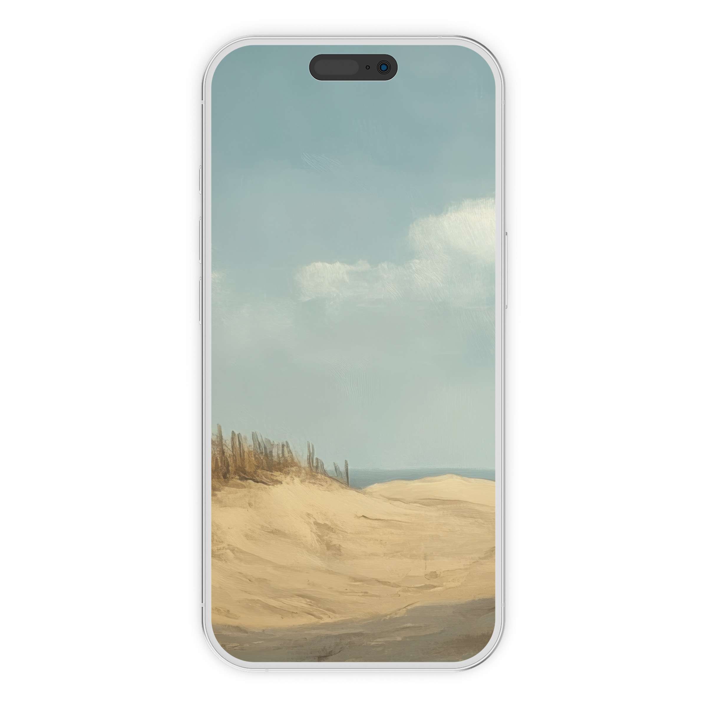 Serene beach iPhone wallpaper with soft sand dunes, azure sky, and gentle clouds, ideal phone background digital download for all devices