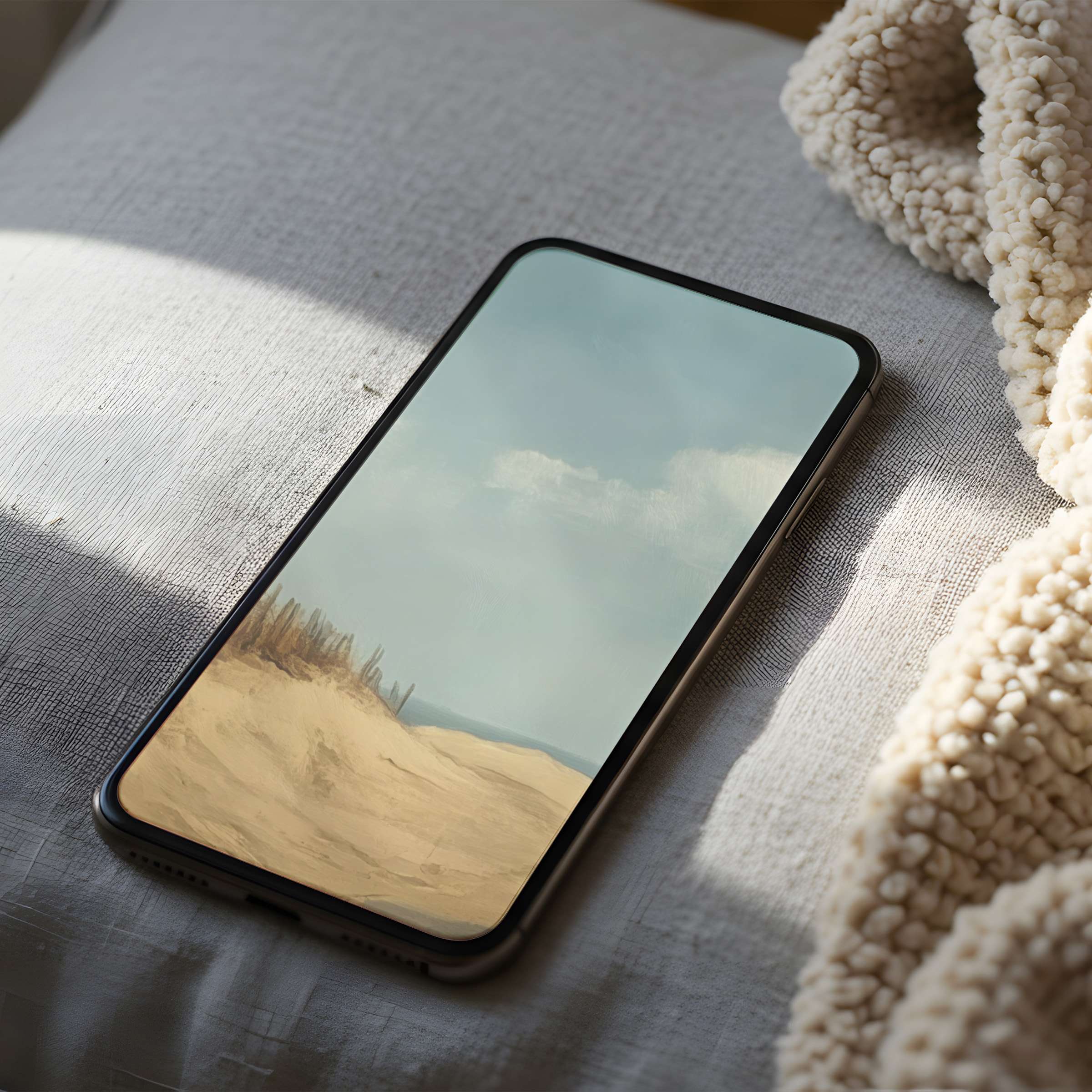 Calming desert landscape phone wallpaper with soft pastels, perfect for iPhone and android, offering high resolution digital download