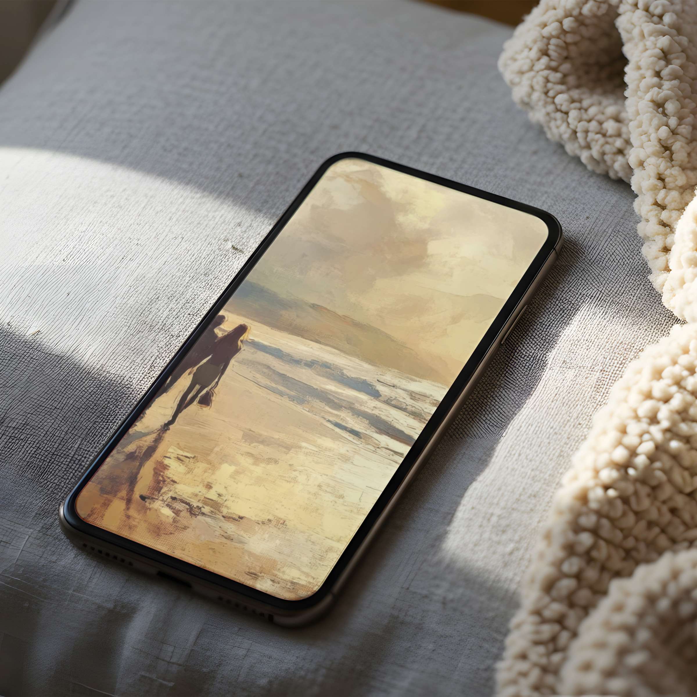 Elegant phone wallpaper featuring a serene beach painting, perfect for iPhone or Android, adds calm and aesthetic charm, digital download