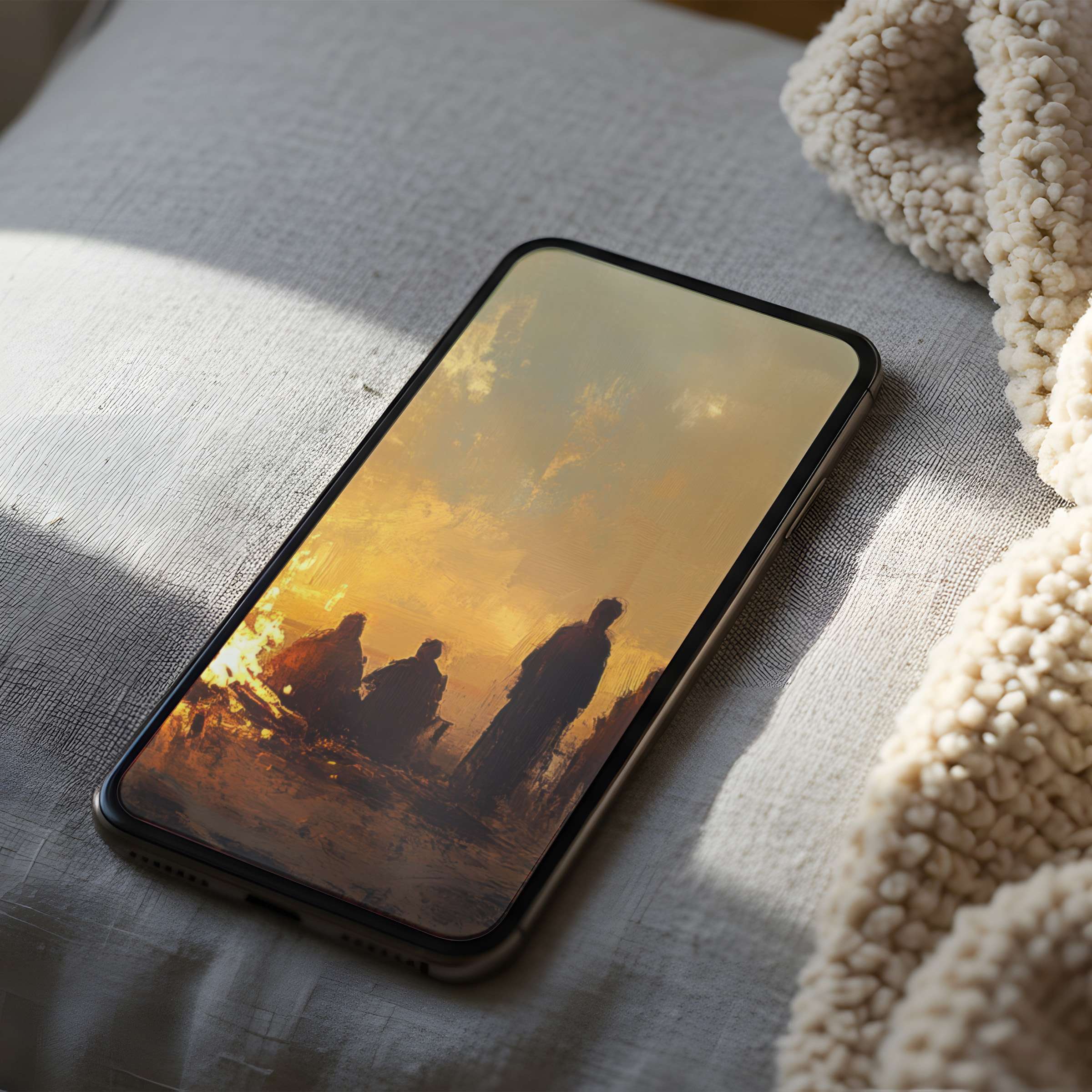 Elegant phone wallpaper with warm golds and abstract silhouettes, perfect for a calming digital download, suitable for iPhone and Android