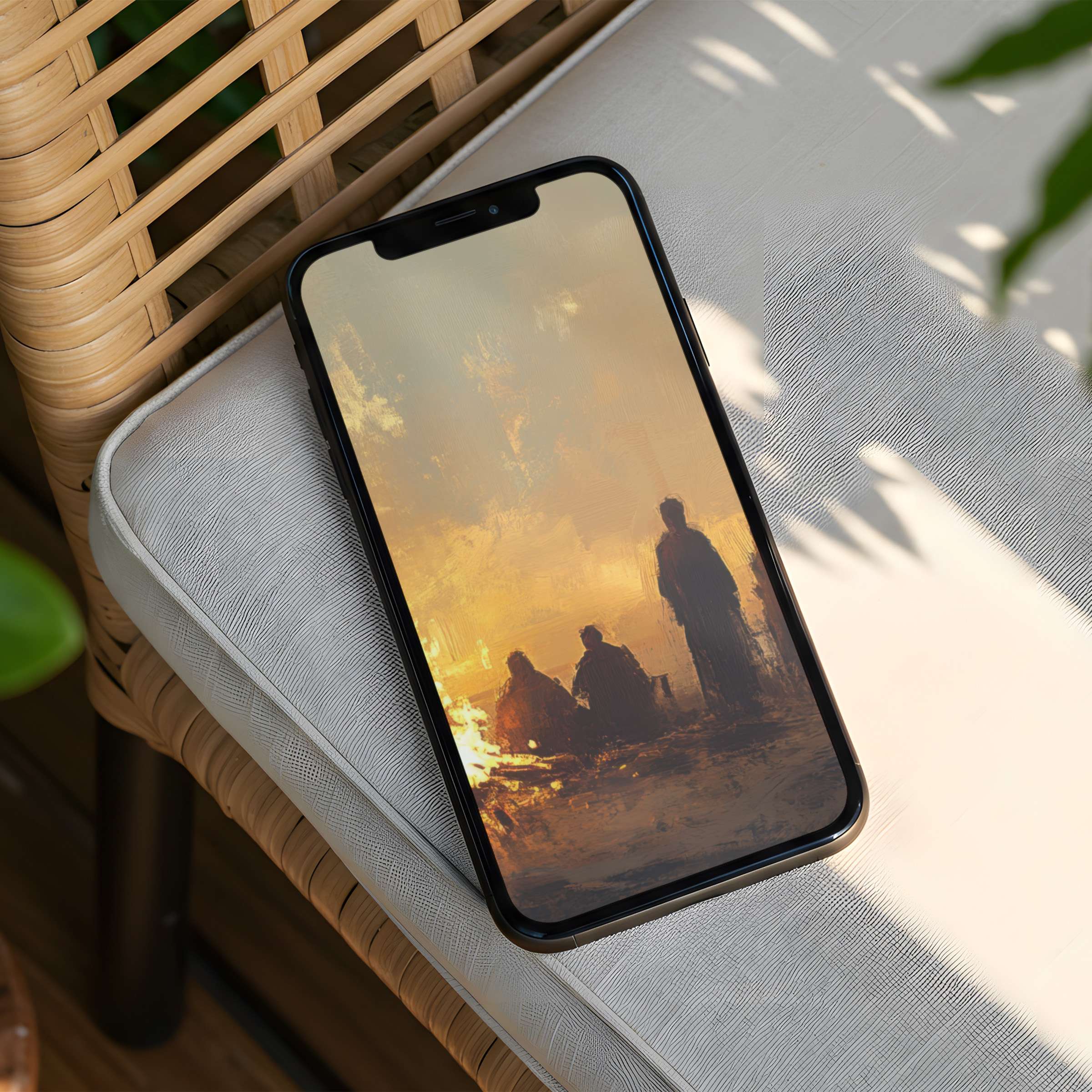 Elegant iPhone background featuring serene silhouettes at sunset promising instant download for a calming phone experience