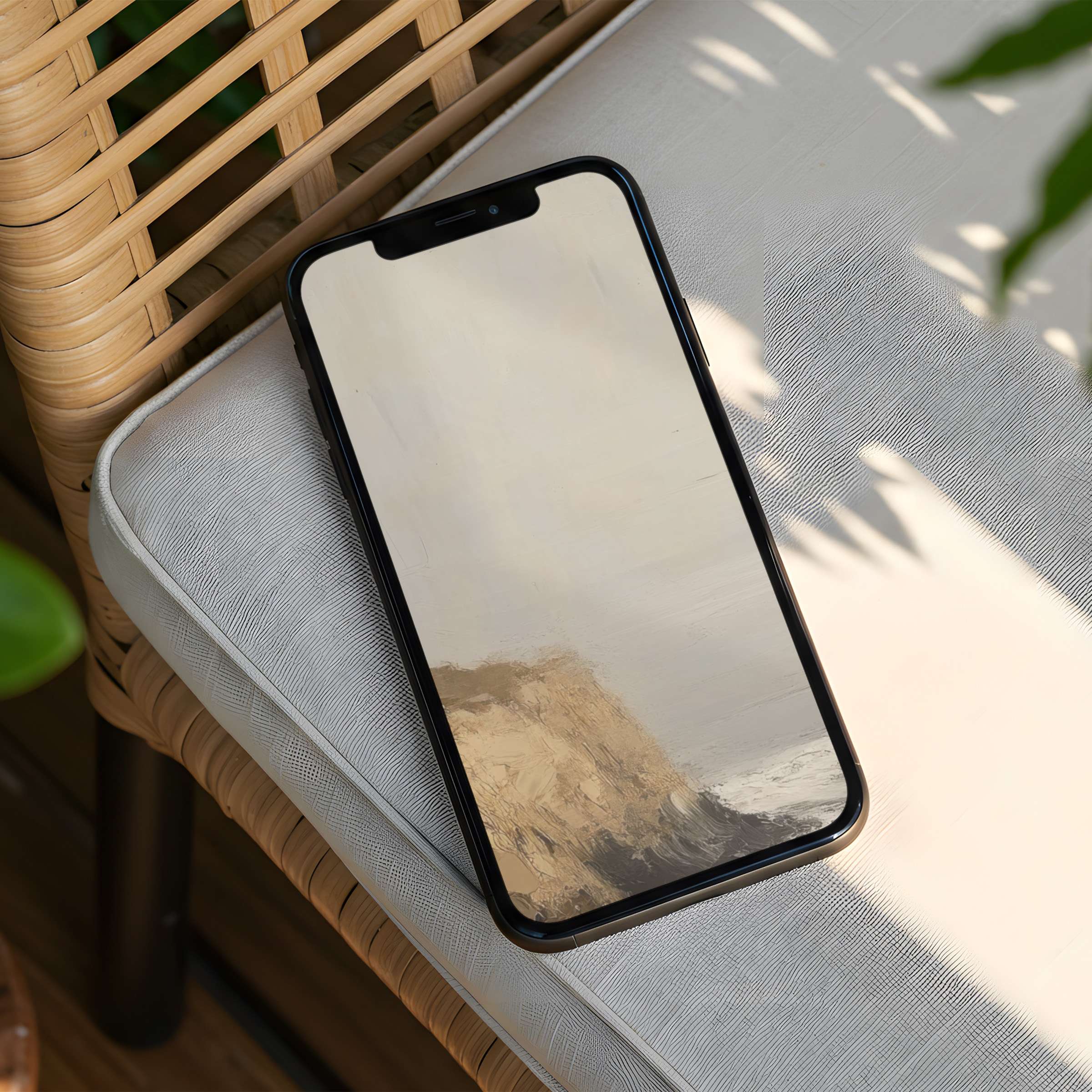 Calming iPhone background with serene landscape art on a phone in natural light boosts mindfulness and is perfect for instant download
