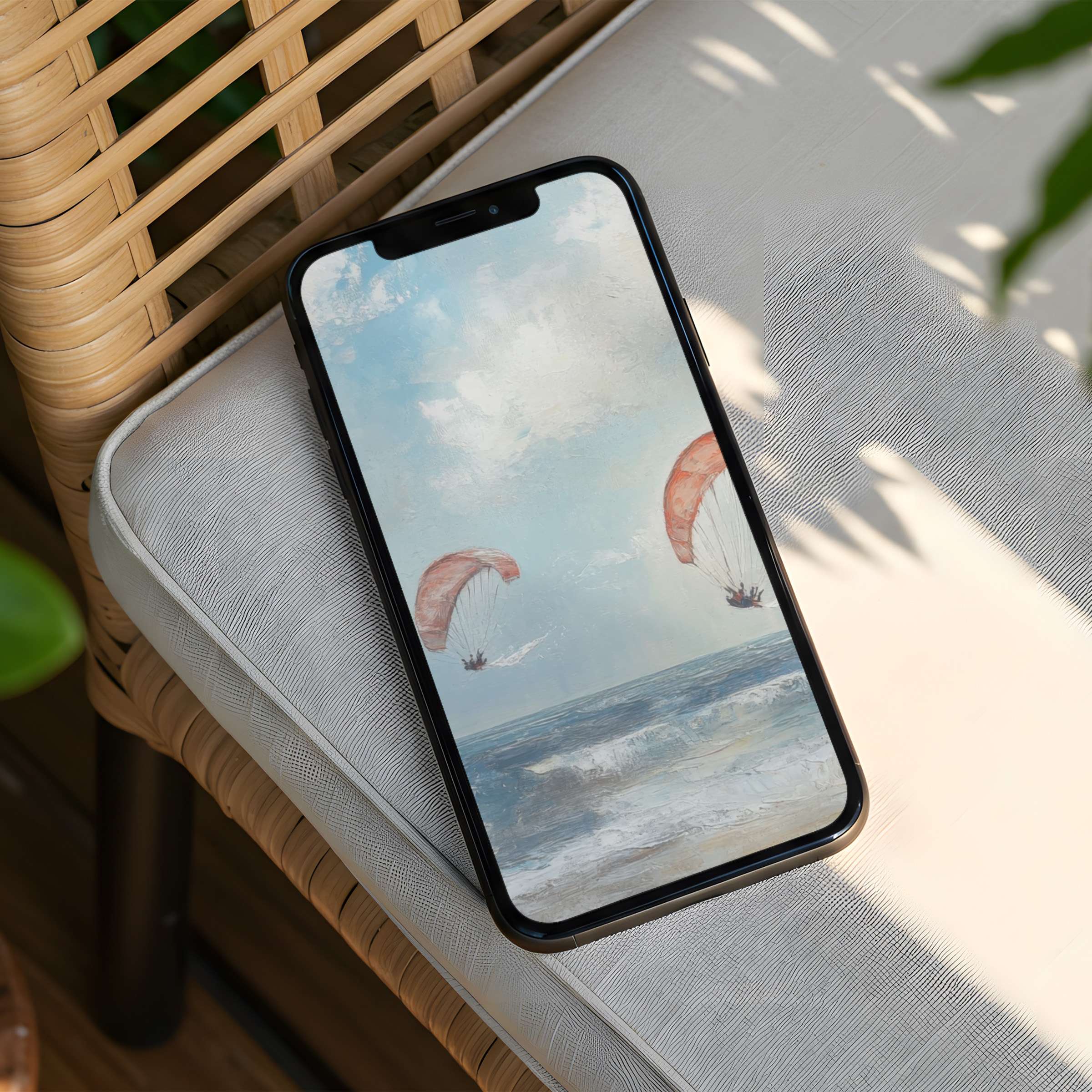 Soothing ocean waves and paragliders create an inspiring iPhone background for instant download on any phone device
