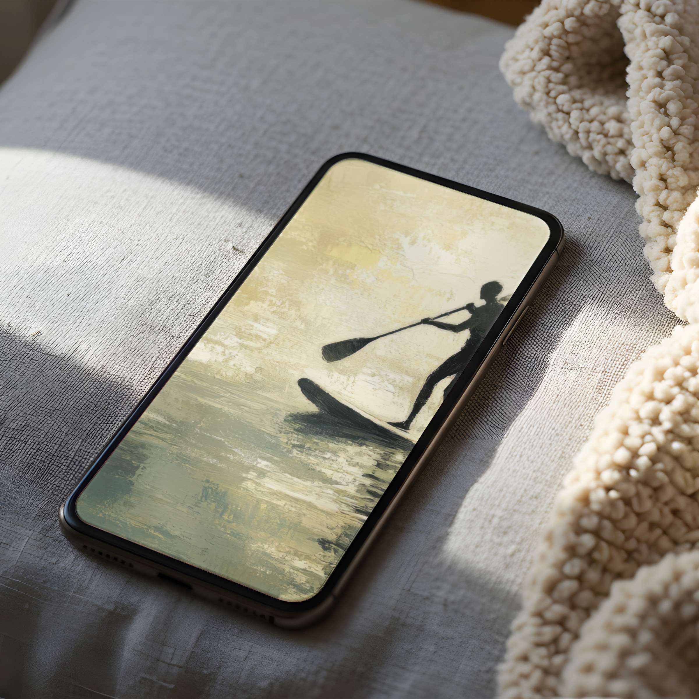 Elegant phone wallpaper featuring a minimalist paddleboard silhouette in soft hues, perfect for a calming, high-resolution digital download