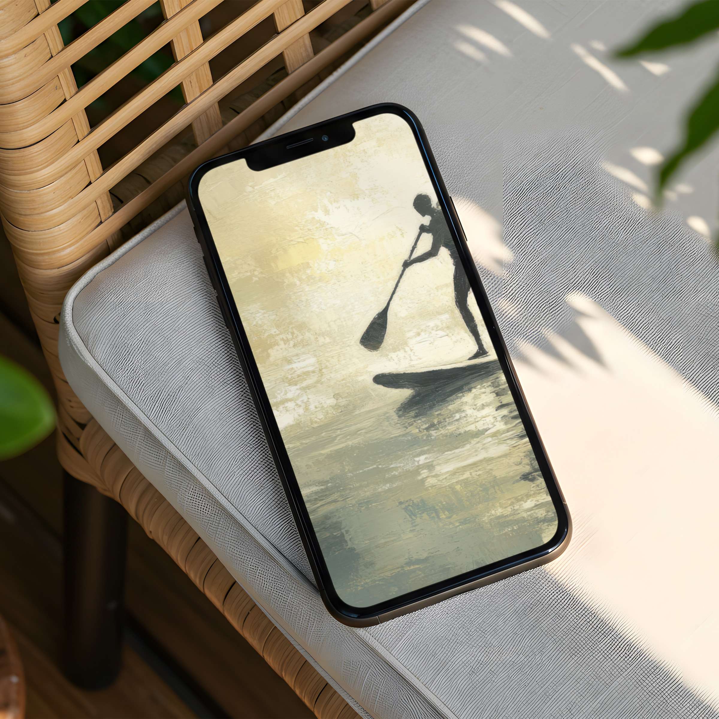 Elegant iPhone background with serene paddleboard scene in soft hues perfect for phone instant download inspiring calm and mindfulness