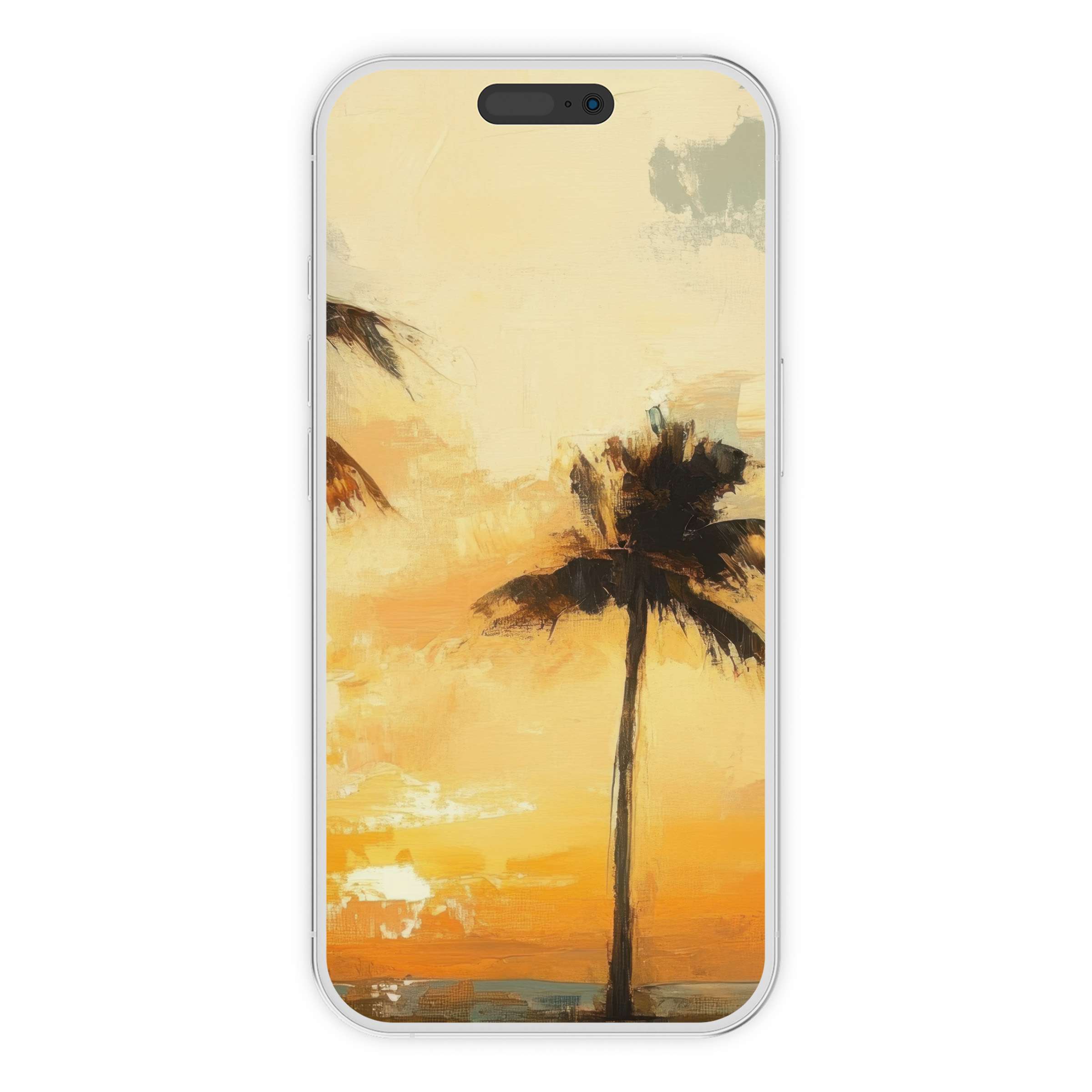 Calming beach iPhone wallpaper features a painterly sunset with palm silhouettes, perfect phone background as a digital download