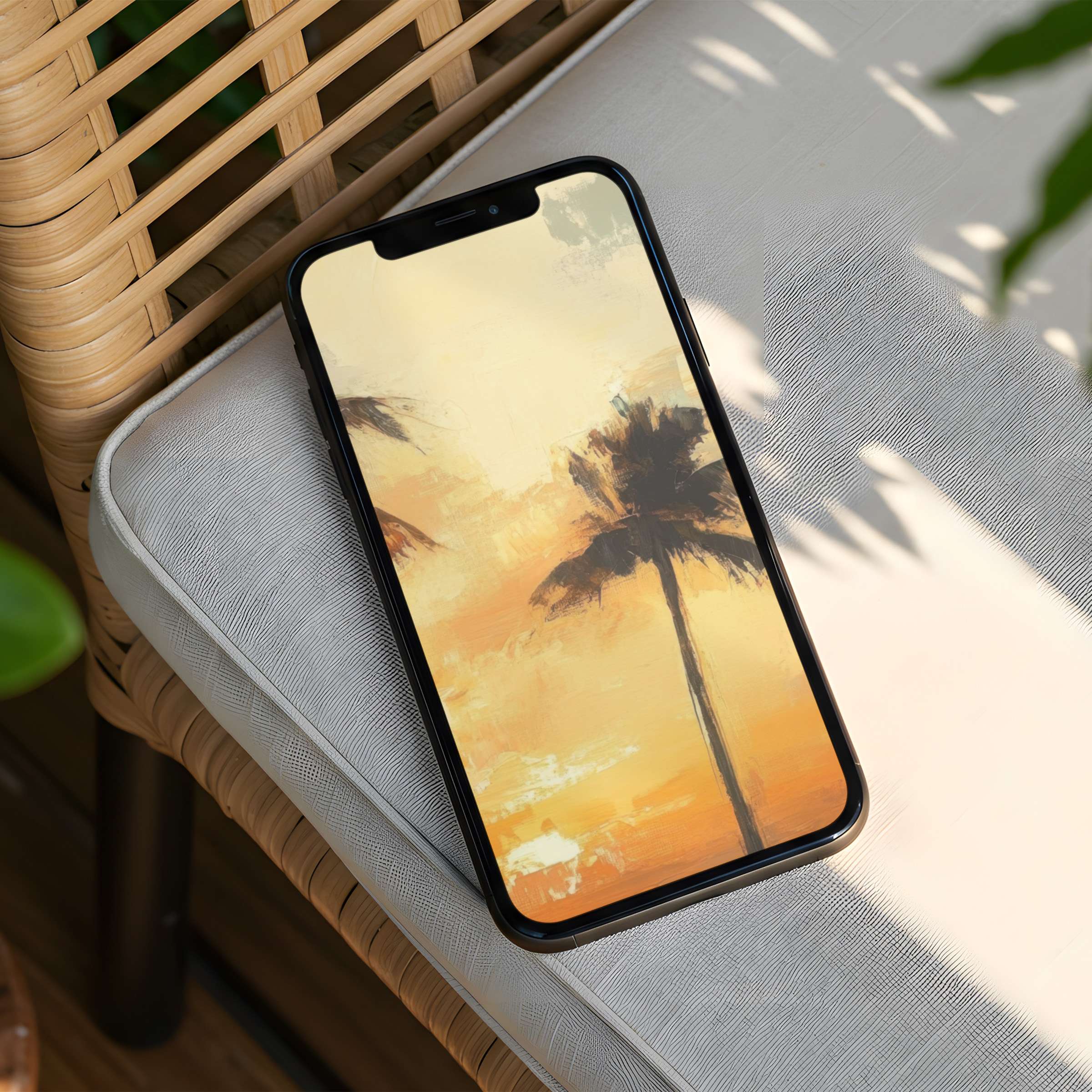 Serene sunset palm art as an iPhone background offering instant download brings elegance and calm to any phone screen