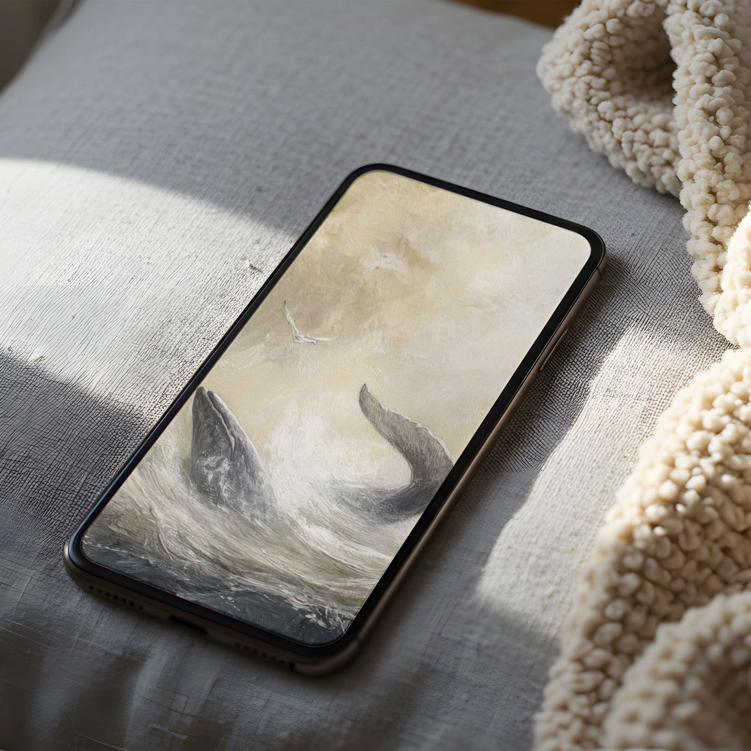 Elegant phone wallpaper featuring a whale's tail in serene neutral tones, suitable for iPhone and Android digital download