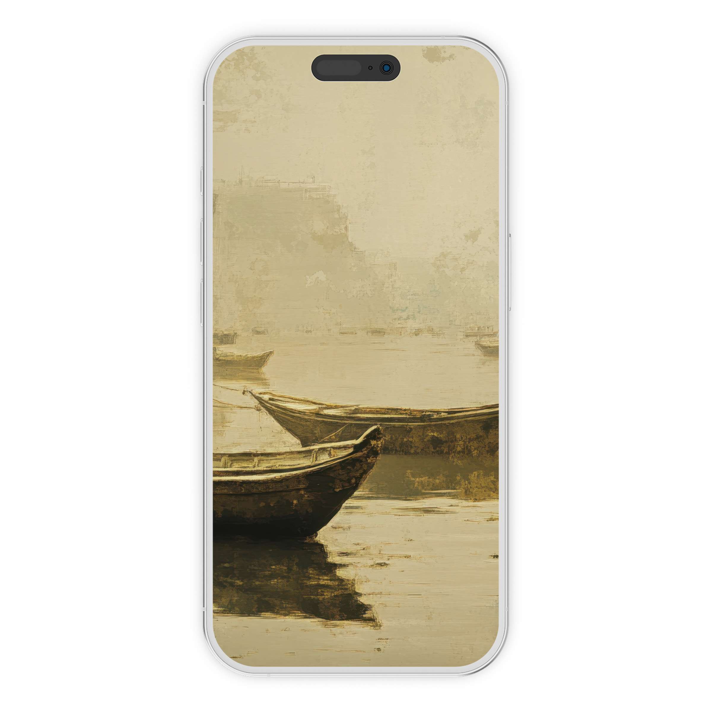 Elegant beach iPhone wallpaper featuring serene boats in sepia tones for a calming phone background digital download suitable for Android