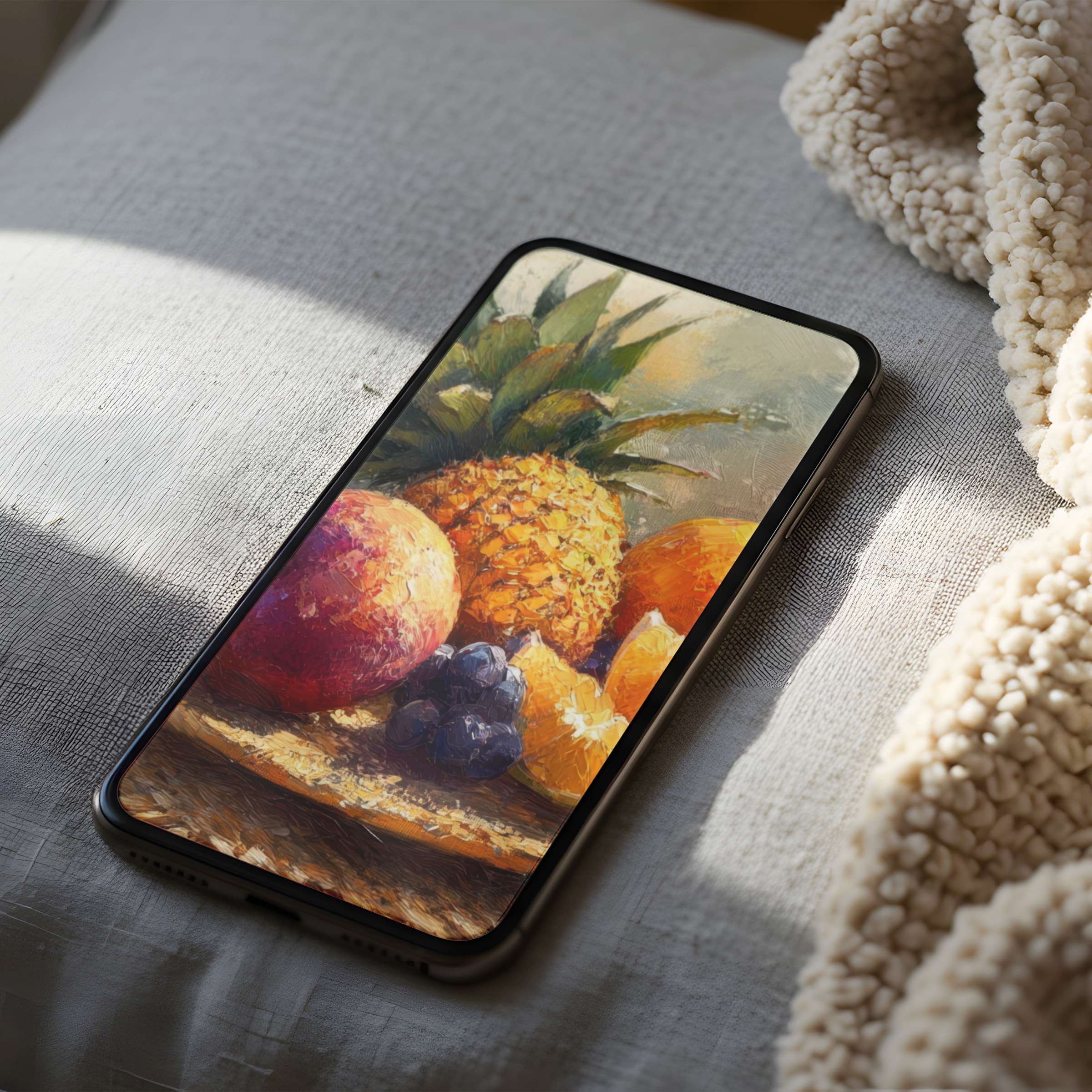 Vibrant phone wallpaper featuring a fruity still life in a cozy setting, offering high resolution for iPhone and Android, digital download