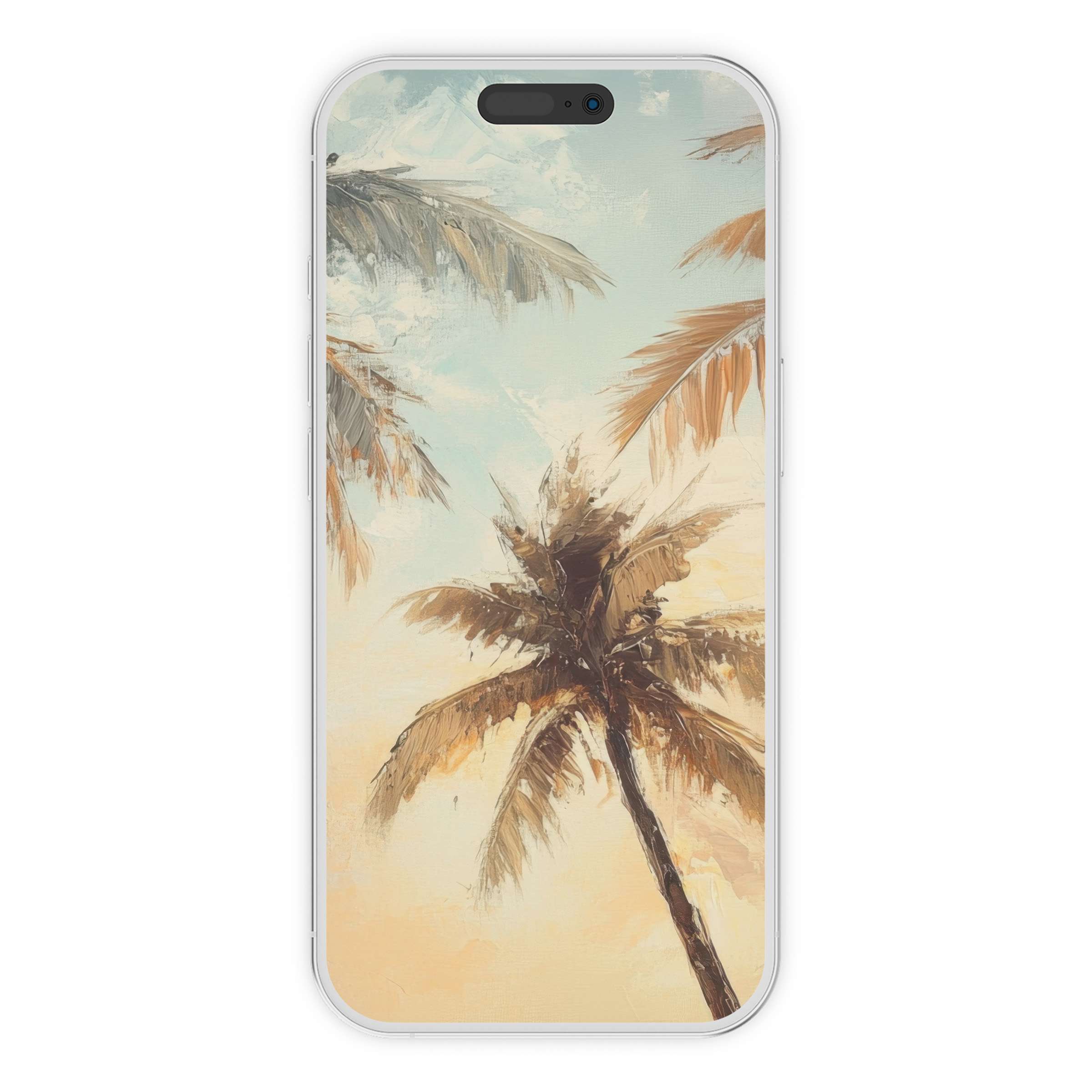 Dreamy beach iPhone wallpaper features serene palm trees in soft pastel hues perfect for a soothing phone background digital download