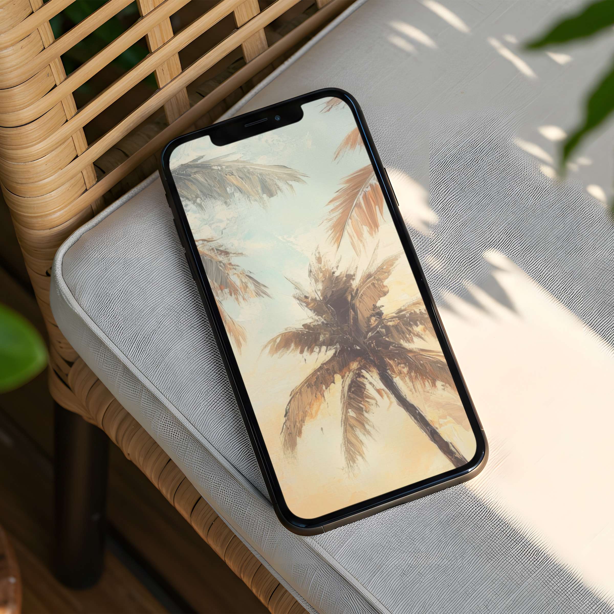 Elegant palm trees against a soft pastel sky create a tranquil iPhone background for instant download phone wallpaper enthusiasts