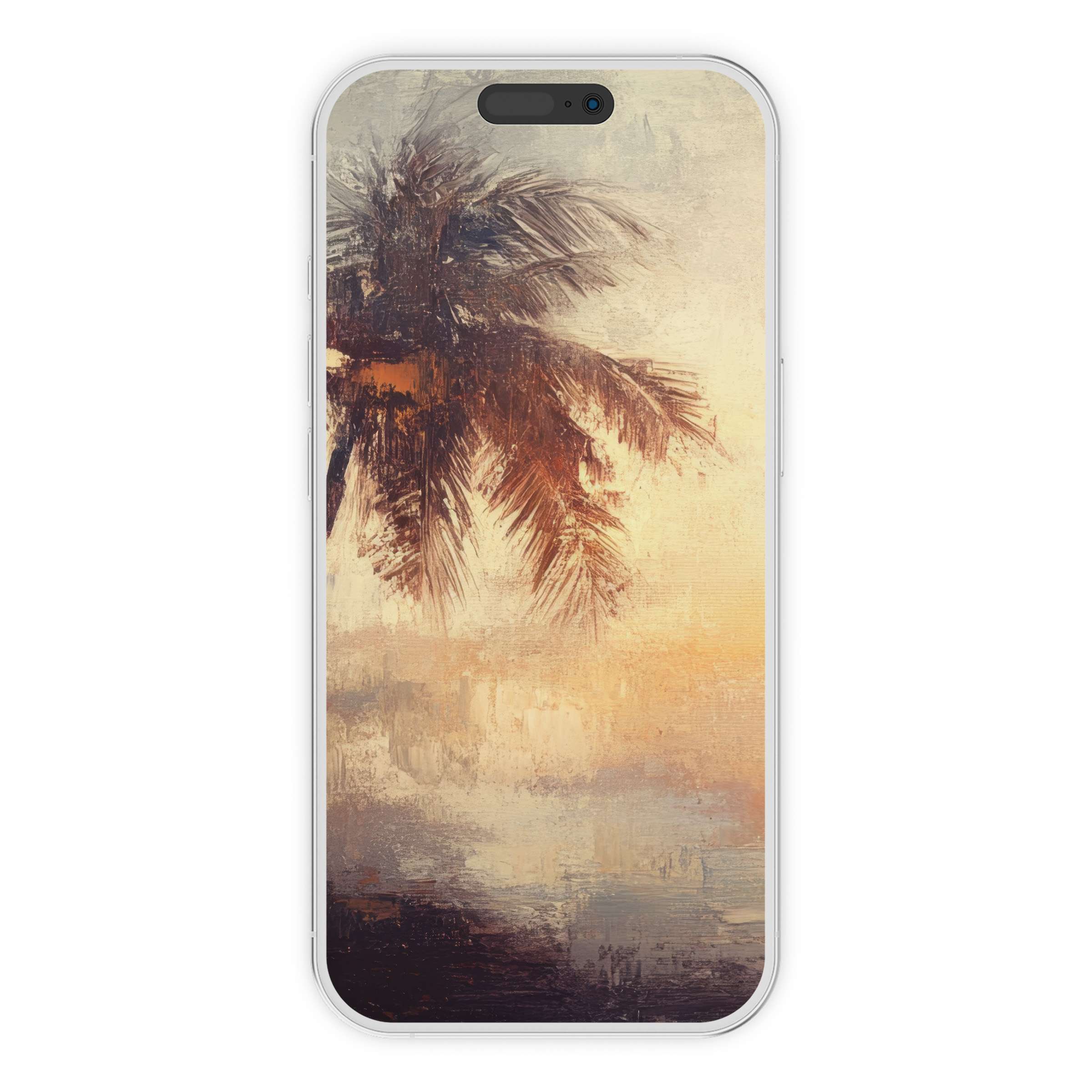 Elegant beach iPhone wallpaper digital download showcases a serene sunset with palm trees, perfect phone background for tranquility and style
