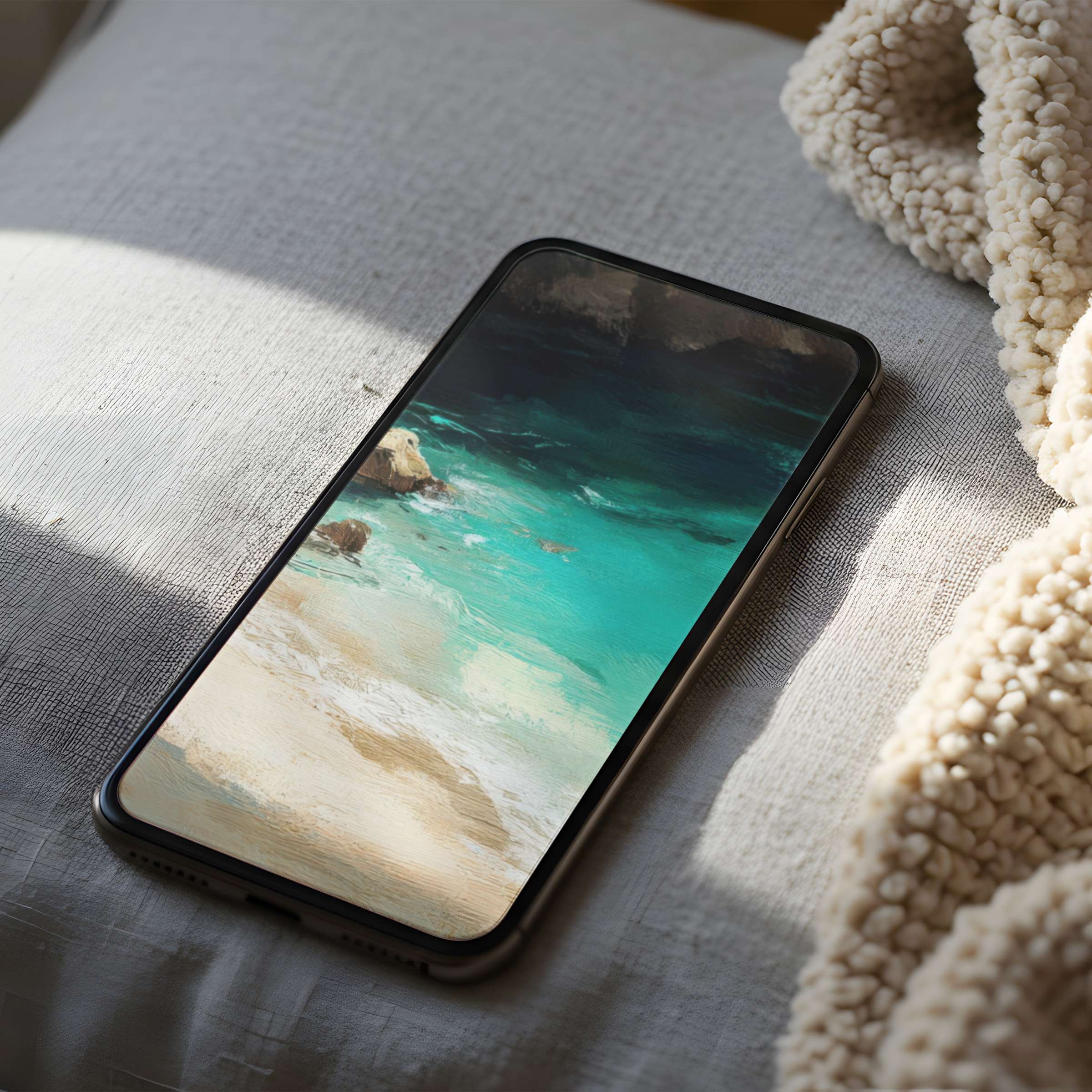 Elegant high-resolution phone wallpaper showcasing serene turquoise waves on a sandy beach ideal for iPhone and Android digital download