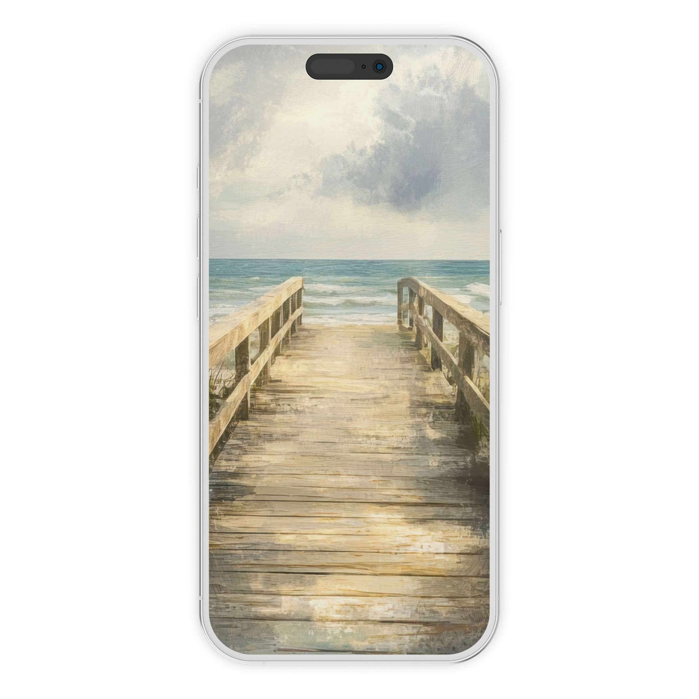 Serene beach iPhone wallpaper featuring a wooden pier and tranquil ocean waves, perfect phone background for digital download enthusiasts