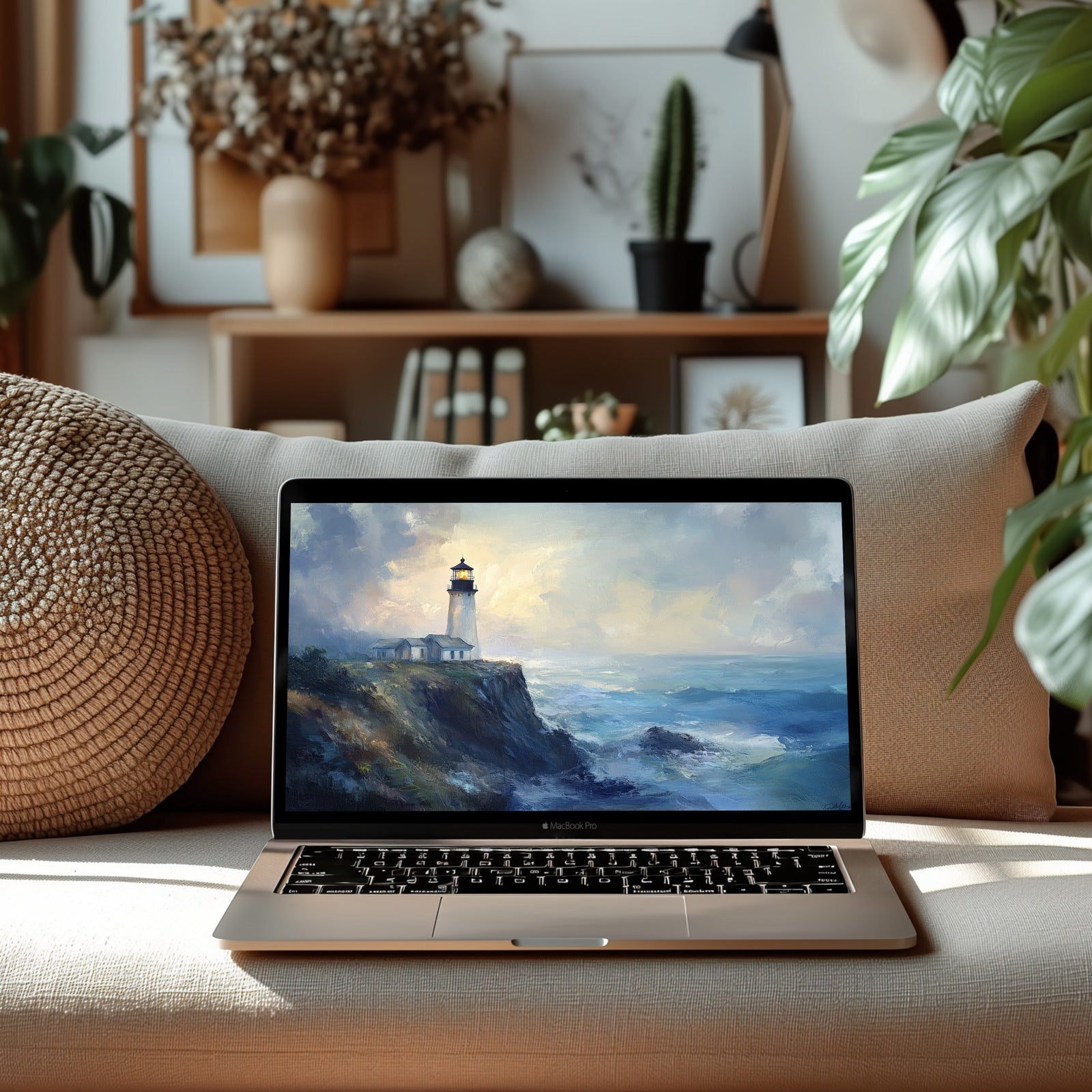 Coastal desktop wallpaper featuring a serene lighthouse overlooking the ocean - a calming digital art background that brings seaside tranquility and timeless beauty to your workspace, perfect for modern coastal-inspired homes