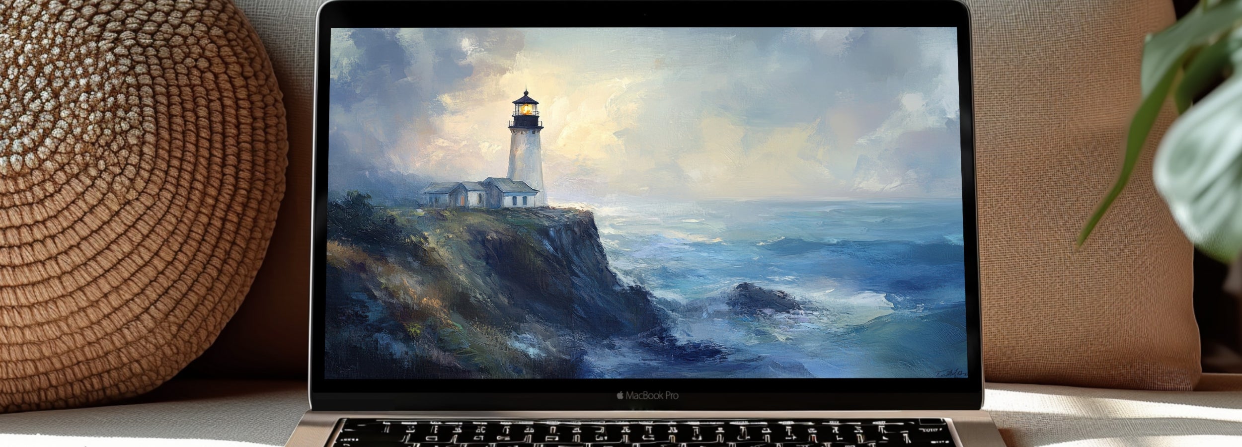 Ocean desktop wallpaper featuring a lighthouse on a coastal cliff, softly illuminated by evening light, displayed on a MacBook Pro in a peaceful home workspace - serene coastal digital art by Gallery Flair