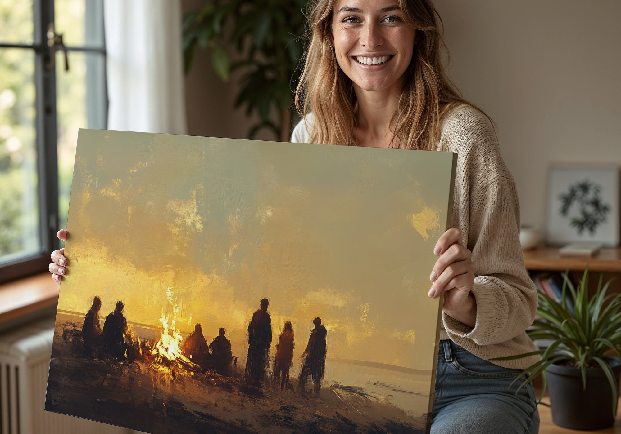 Woman showing a Beach Digital Art Print with a Beach Party