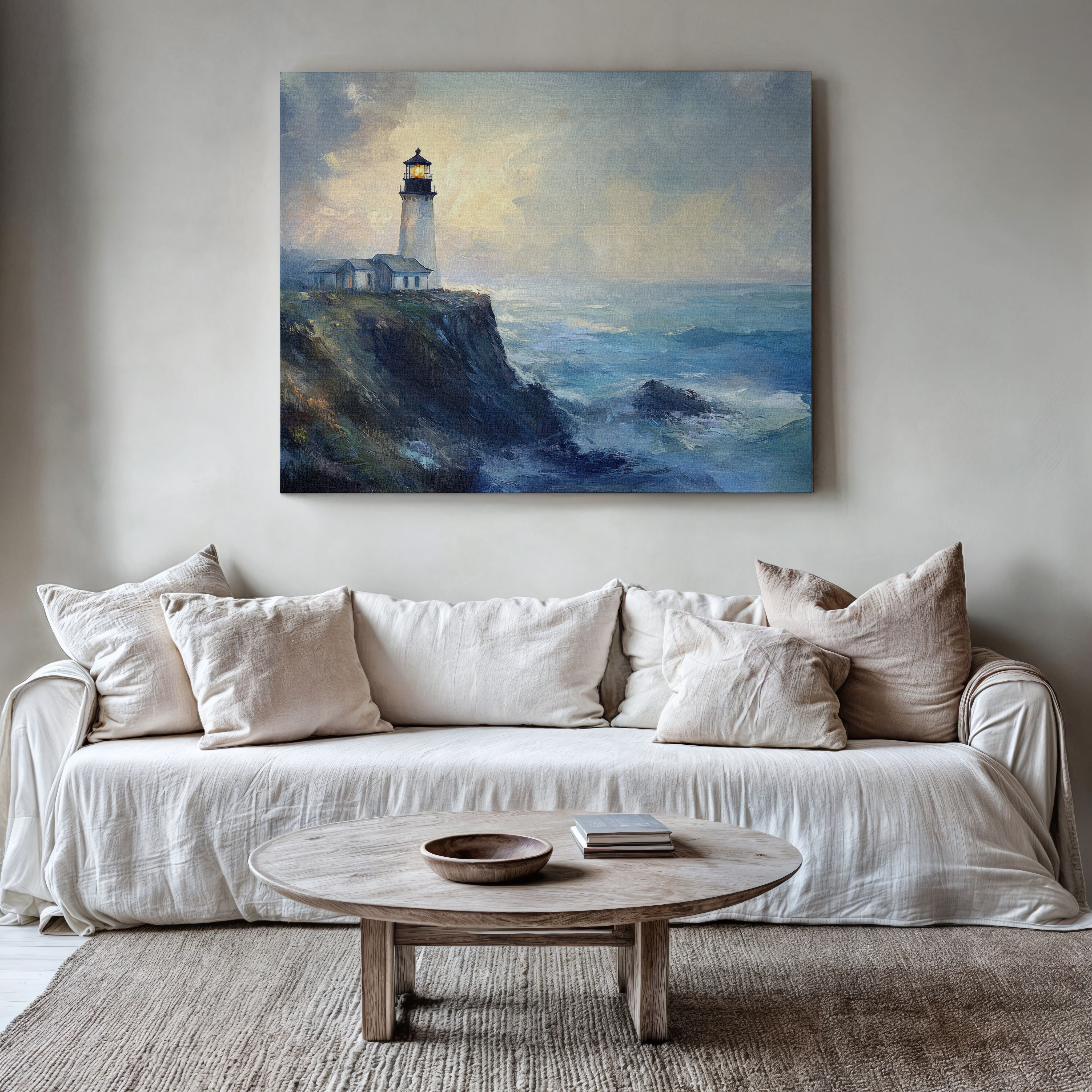 Coastal printable wall art featuring a serene lighthouse on a cliff above soft blue ocean waves, styled in a calm neutral living room for a modern coastal home
