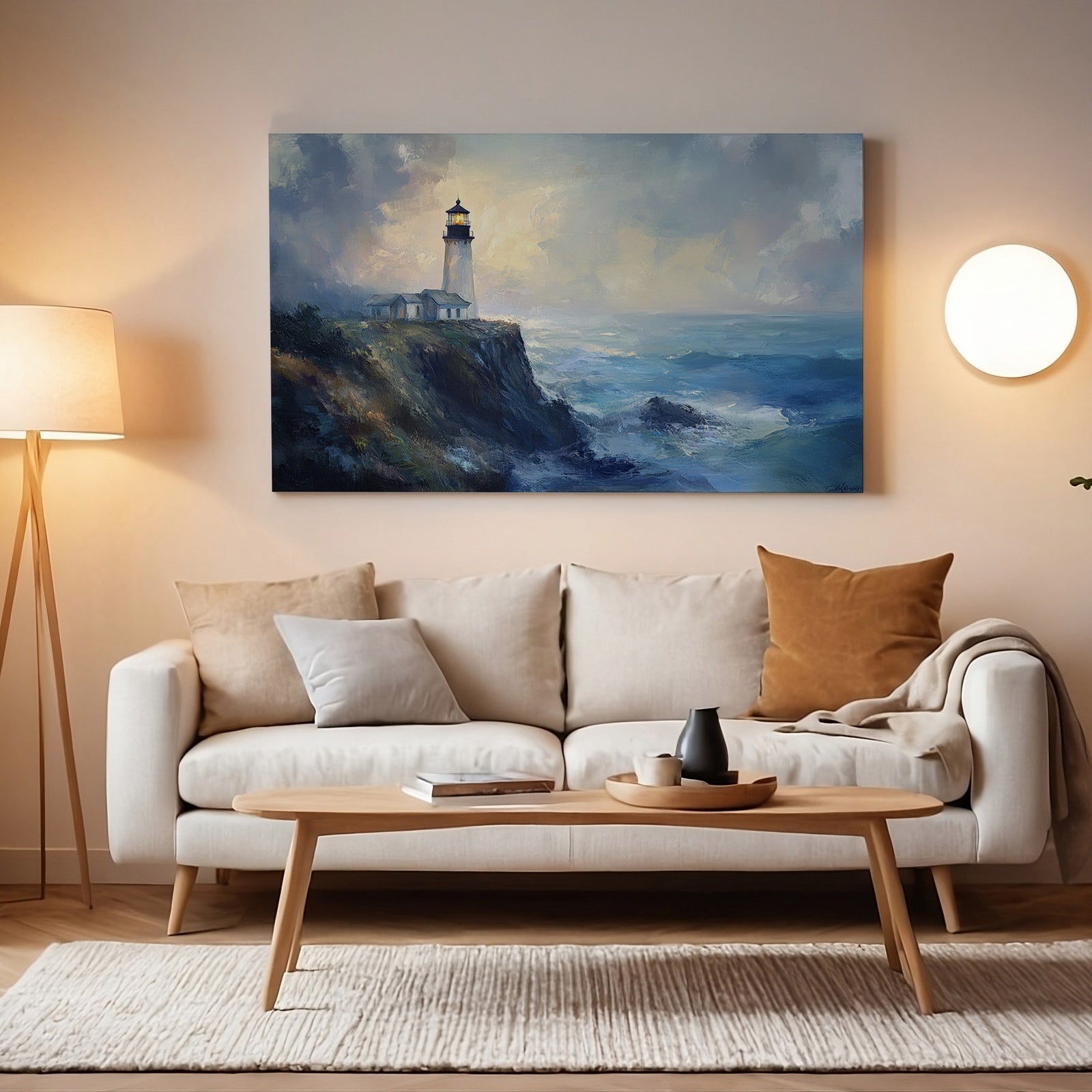 A cozy modern living room featuring a large digital art print of a lighthouse on a rocky coastline with waves crashing below. The painting’s soft blues and golden light create a serene coastal atmosphere, perfectly complementing the warm, minimalist decor