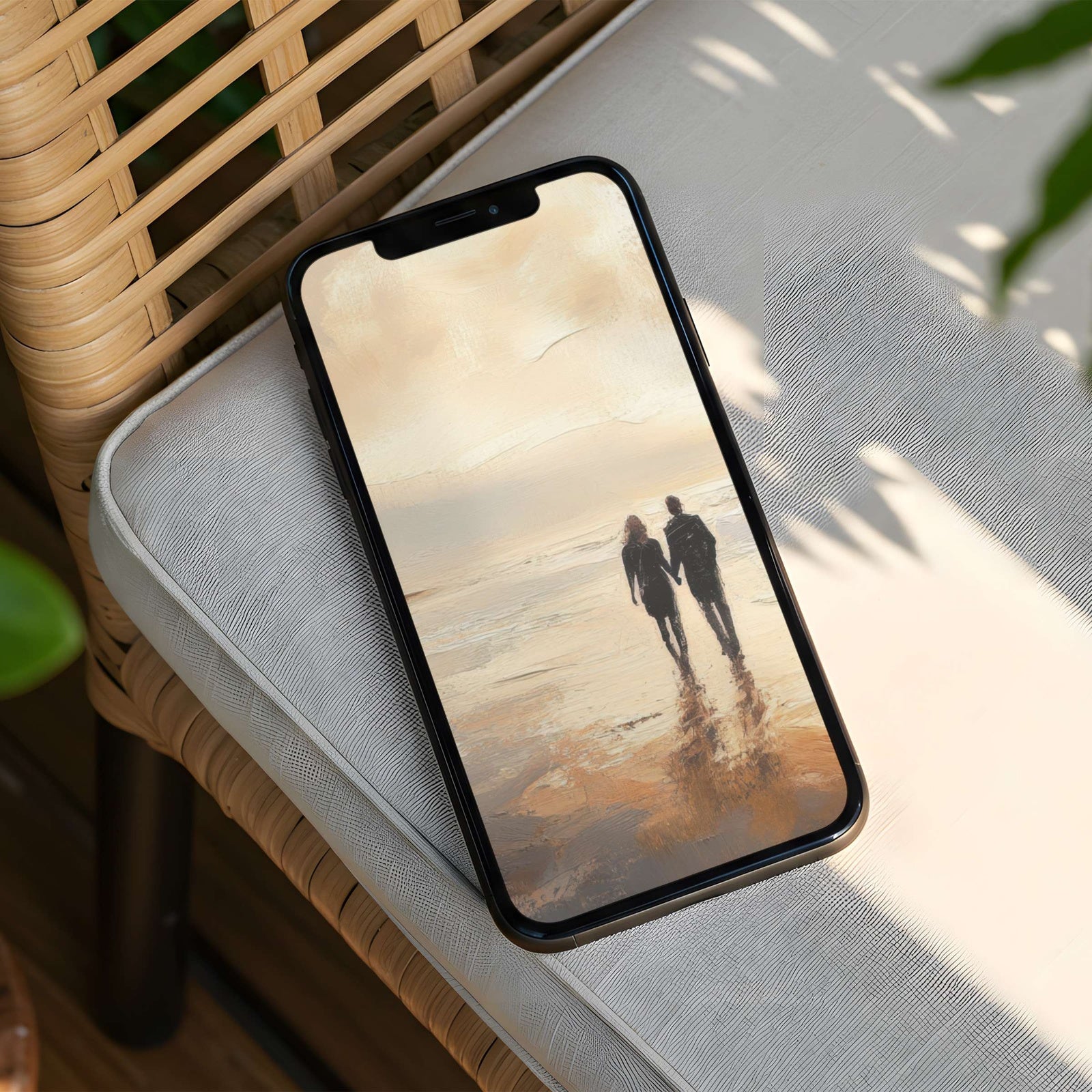 Coastal phone wallpaper featuring a couple walking along a soft, painterly shoreline at sunset - a warm, calm, and romantic background for an elegant and serene home screen
