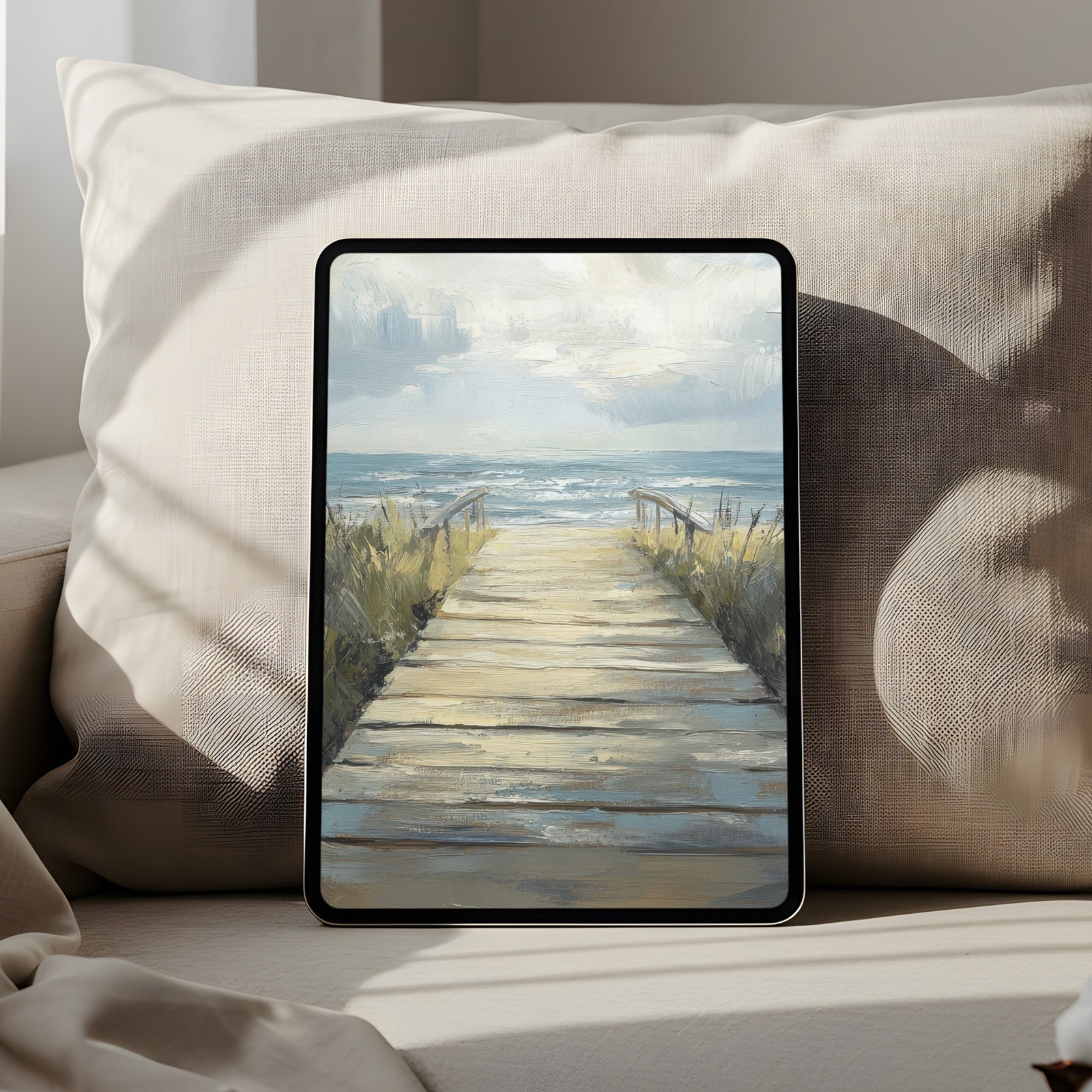 Coastal iPad wallpaper with a wooden boardwalk leading to the ocean, soft pastel tones creating a calm, beach-inspired tablet background perfect for a serene digital space