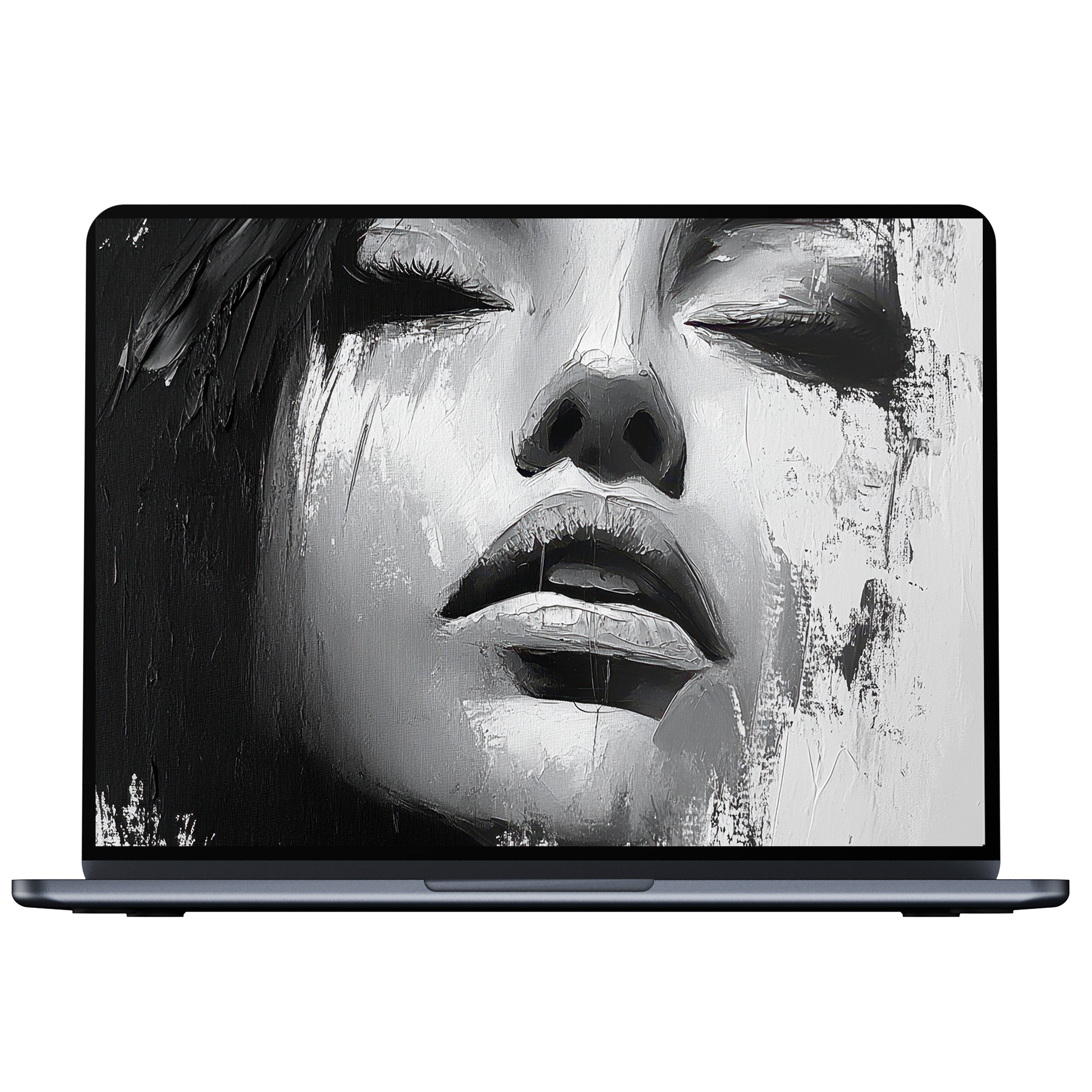 Black and white desktop wallpaper featuring a serene abstract portrait enhancing calm and elegance for PC and laptop digital download