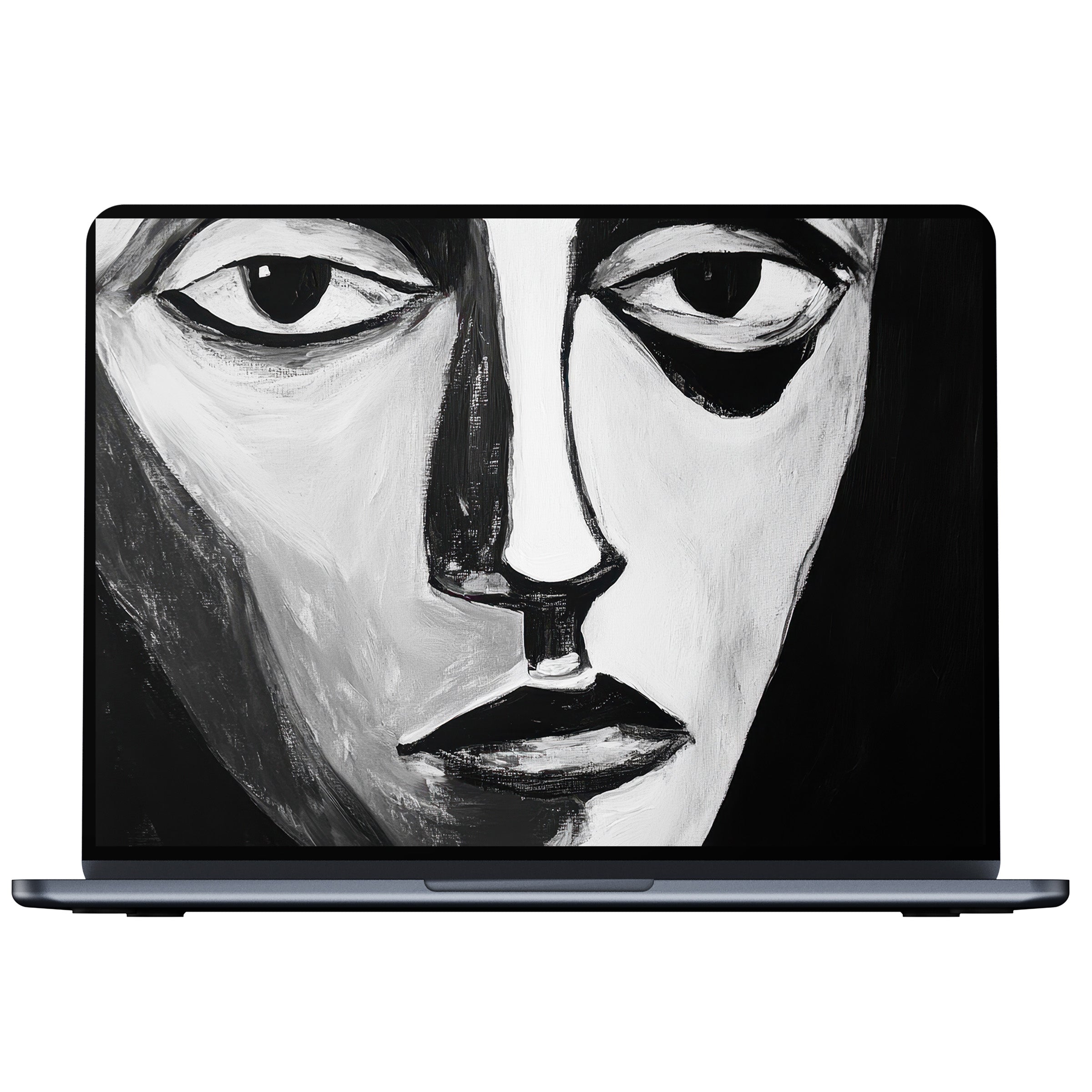Black and white desktop wallpaper with an abstract face painting for PC and laptop digital download evokes elegance and calm