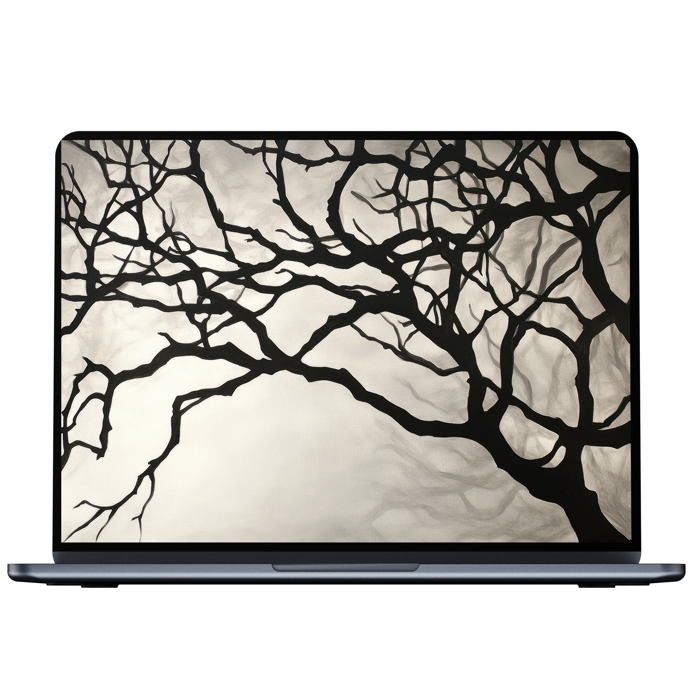 Elegant black and white desktop wallpaper of intricate tree branches enhancing digital download aesthetics for PC or laptop users