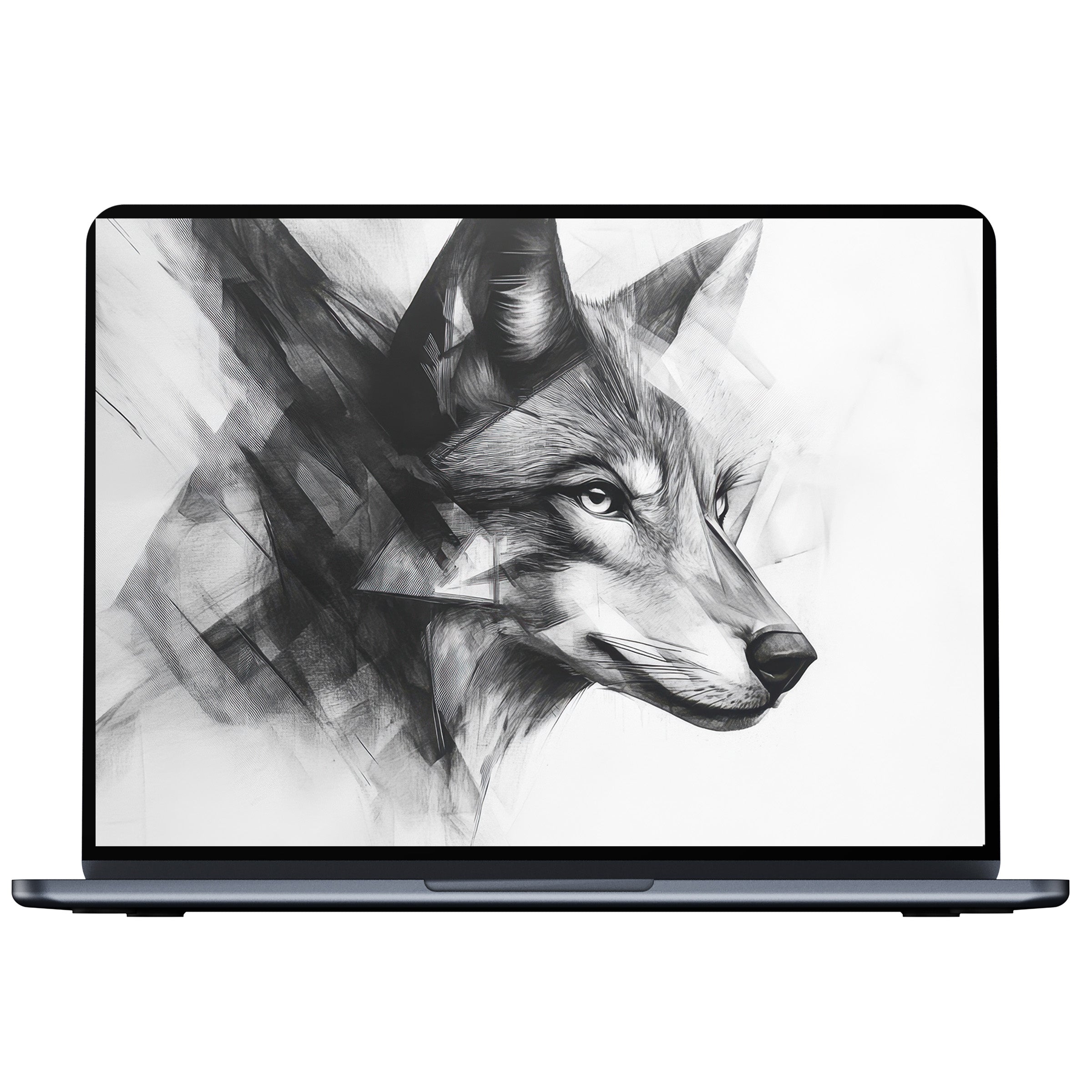 Black and white desktop wallpaper featuring a geometric fox sketch for digital download fits PC, Laptop, and Mac seamlessly