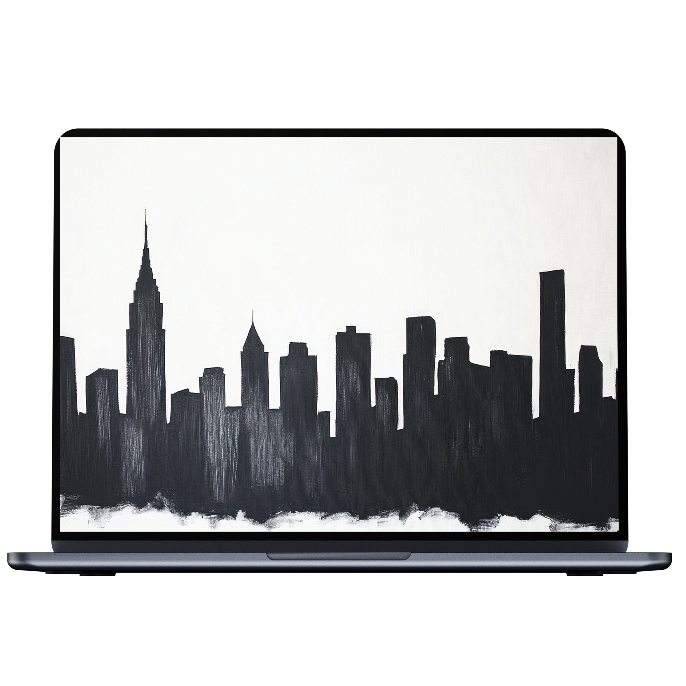 Elegant black and white desktop wallpaper featuring a city skyline silhouette, perfect digital download for PC, laptop, or Mac users seeking calm inspiration