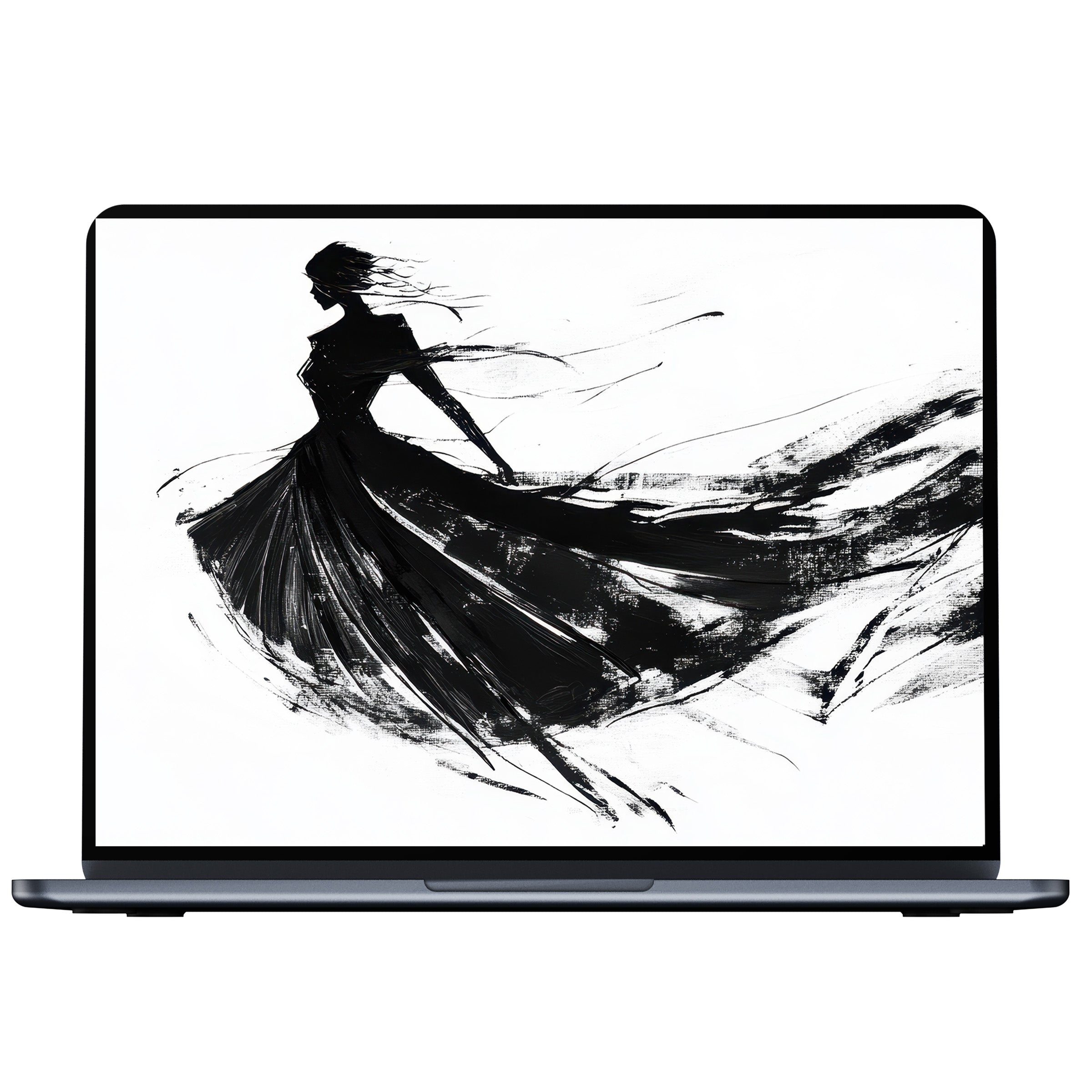 Elegant black and white desktop wallpaper digital download featuring dynamic brushstrokes for a sophisticated PC or laptop background