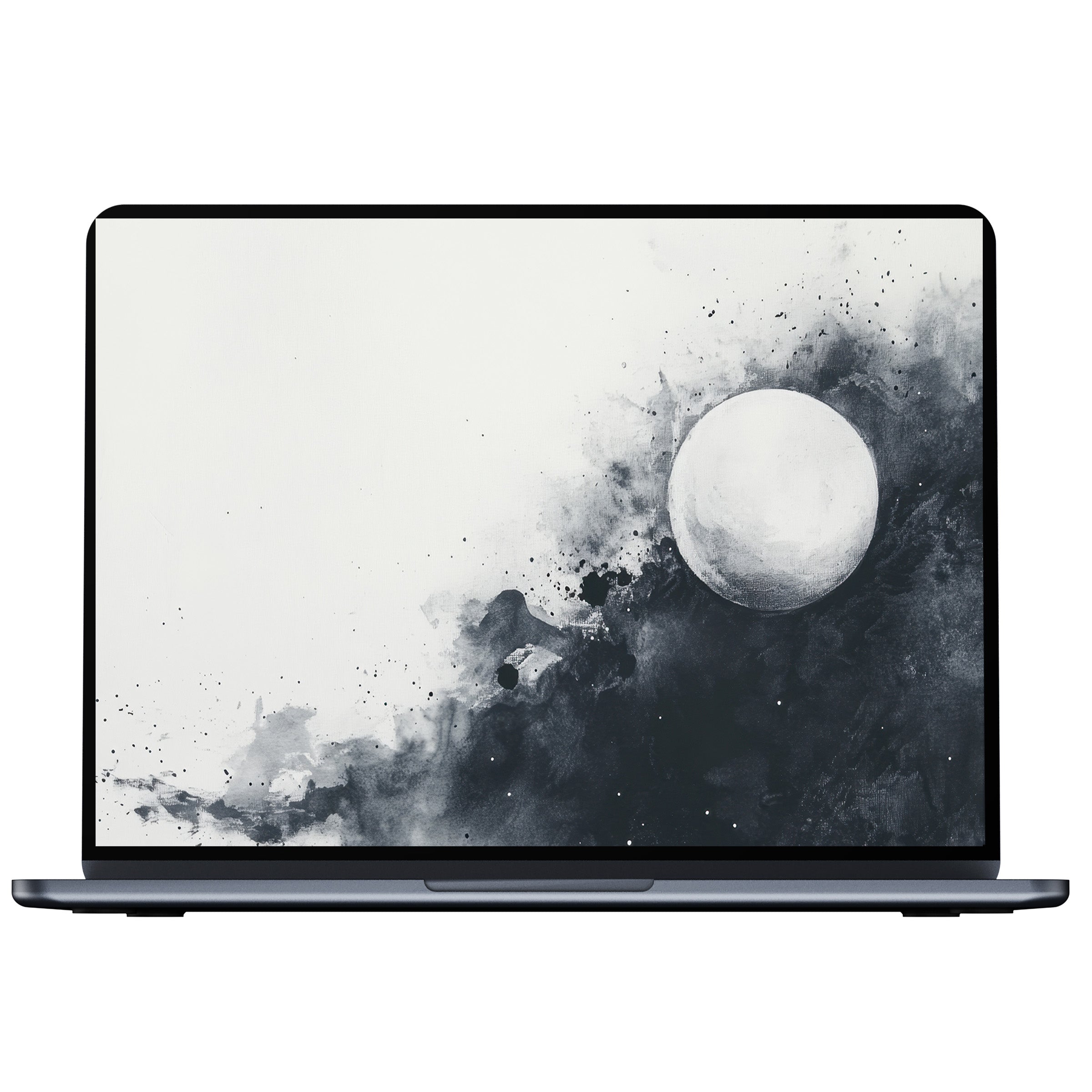 Elegant black and white desktop wallpaper digital download featuring an abstract moon and ink cloud design for PC and laptop use