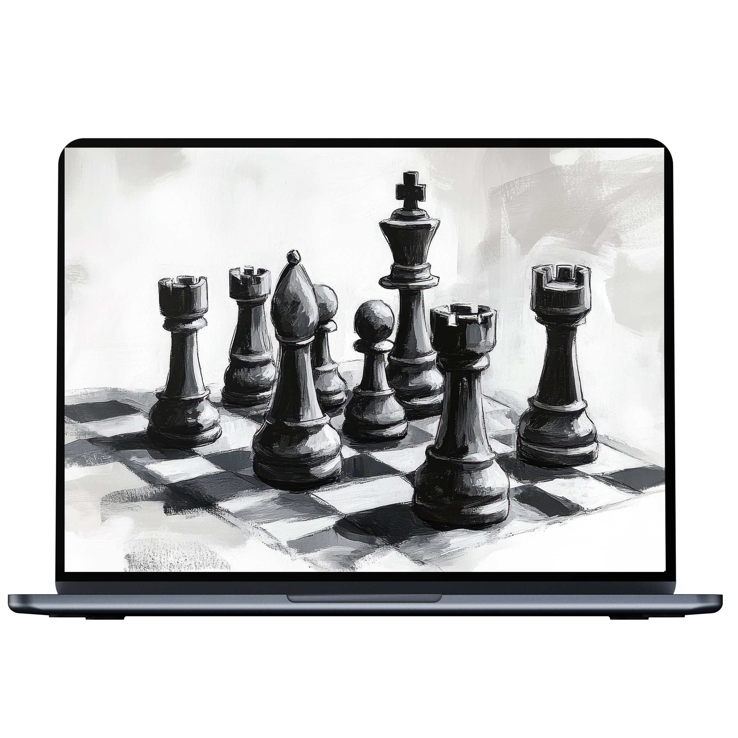 Elegant black and white desktop wallpaper featuring artistic chess pieces for PC, laptop and Mac digital download inspiring mindfulness