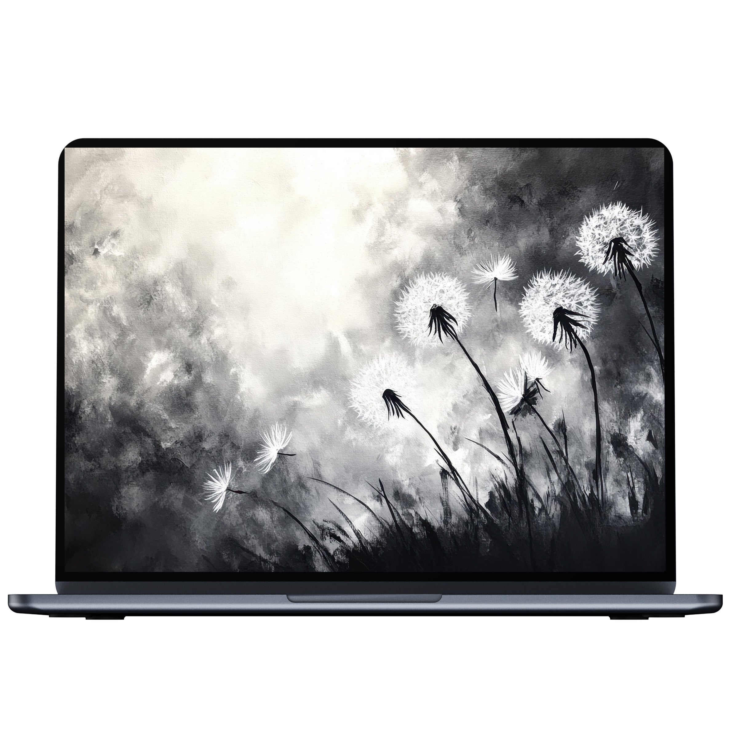 Black and white desktop wallpaper digital download featuring serene dandelions in delicate monochrome, perfect for PC or laptop tranquility