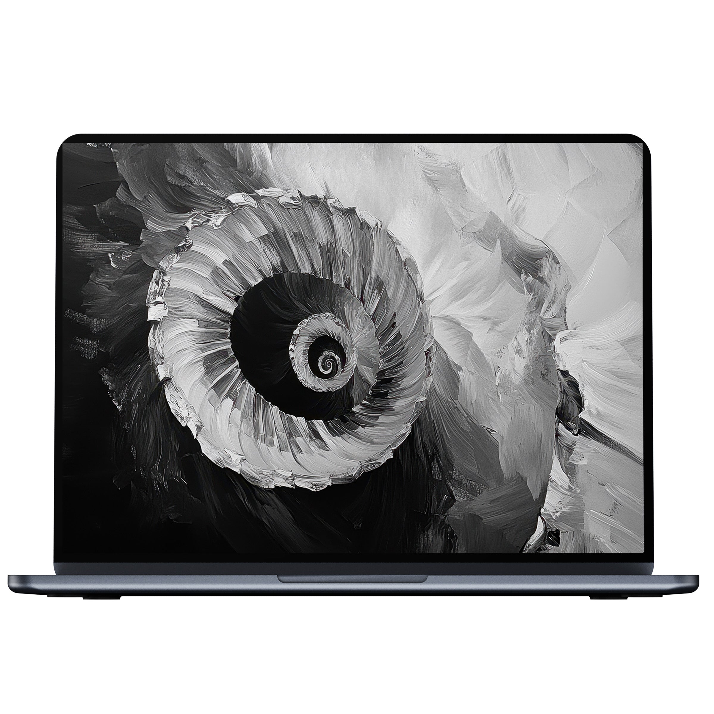 Elegant black and white desktop wallpaper with a swirling spiral design evokes calm and inspiration for PC, laptop digital download